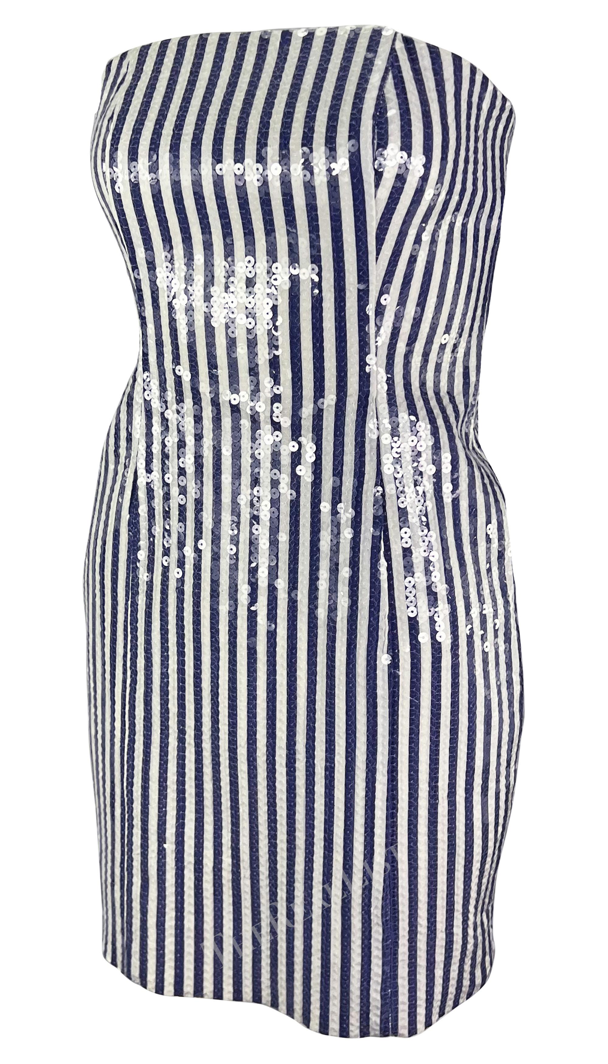 S/S 1990 Michael Kors Runway Blue White Sequin Striped Strapless Mini Dress For Sale 2