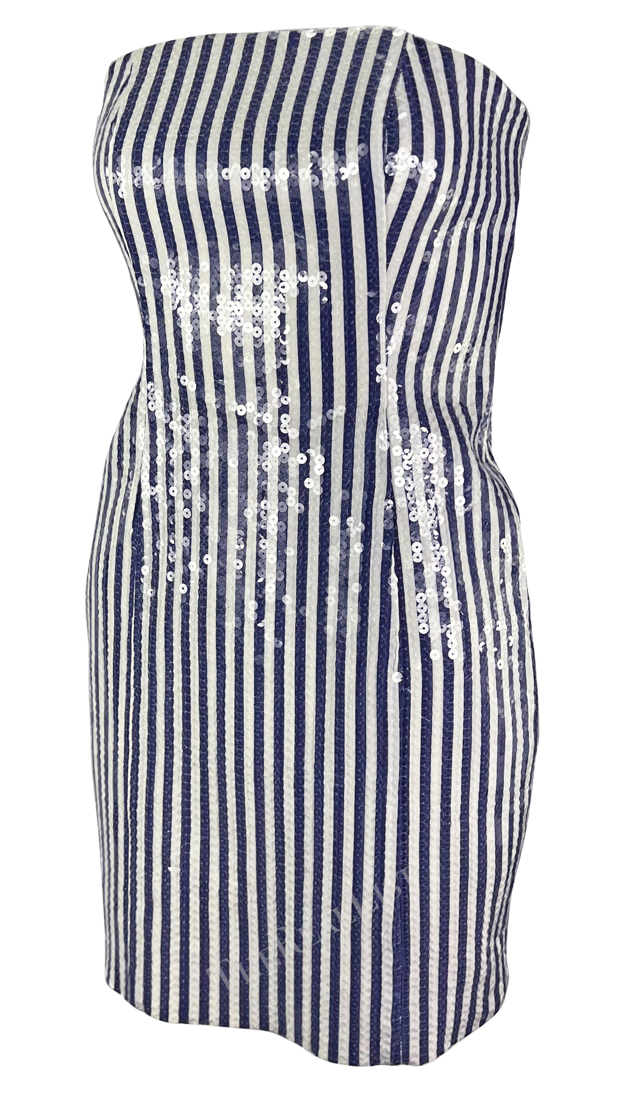 S/S 1990 Michael Kors Runway Blue White Sequin Striped Strapless Mini Dress For Sale 1