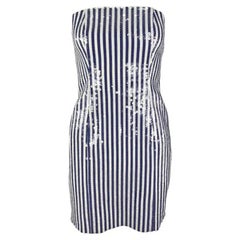 S/S 1990 Michael Kors Runway Blue White Sequin Striped Strapless Mini Dress