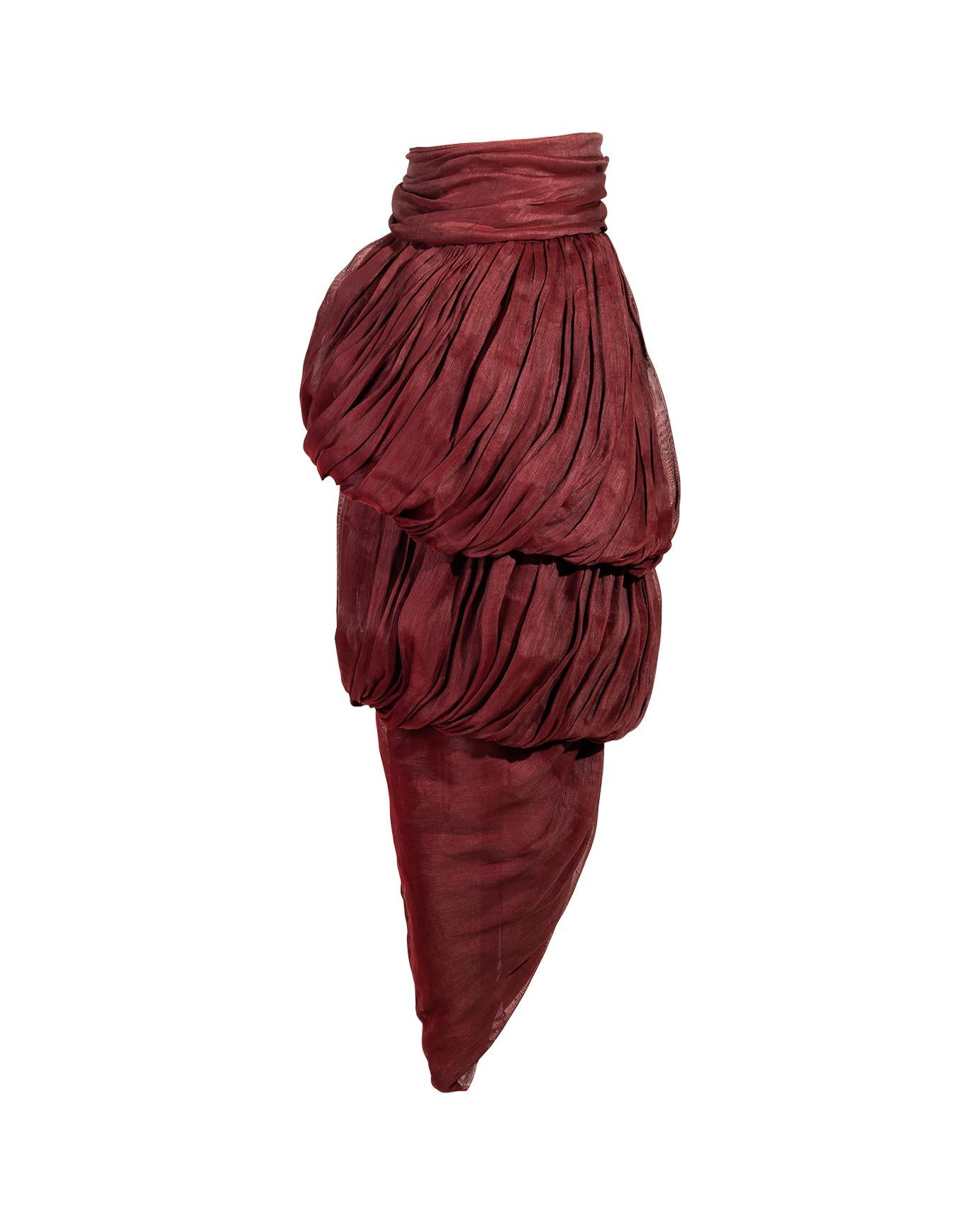 S/S 1990 Romeo Gigli Burgundy Tiered Midi Skirt In Good Condition In North Hollywood, CA