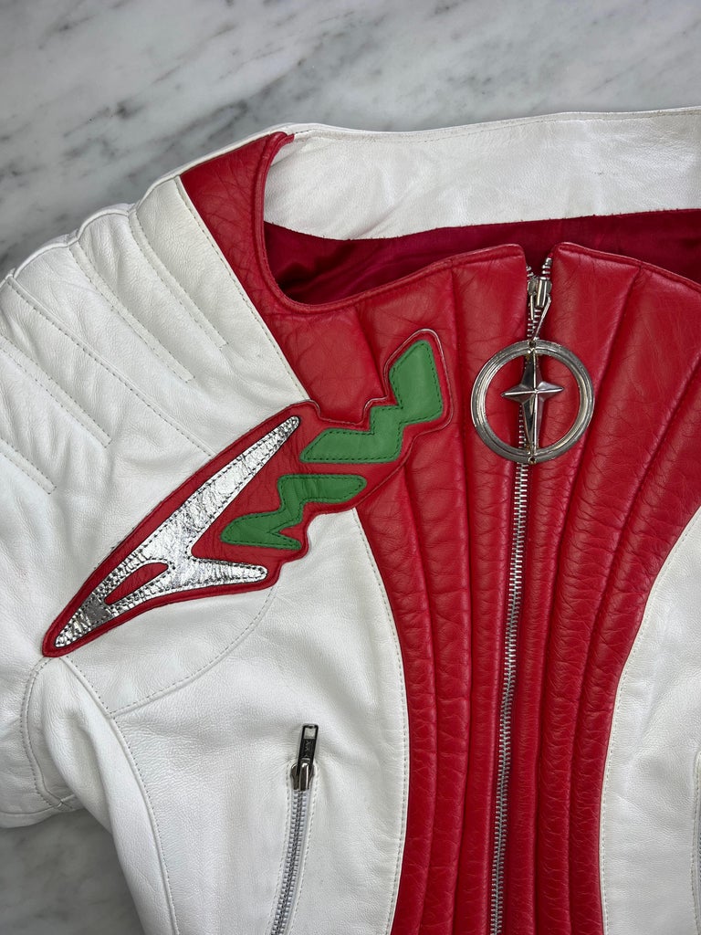 S/S 1990 Thierry Mugler Padded White Red Leather Space Age Motorcycle Zip Jacket 6