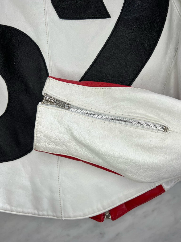 S/S 1990 Thierry Mugler Padded White Red Leather Space Age Motorcycle Zip Jacket 12