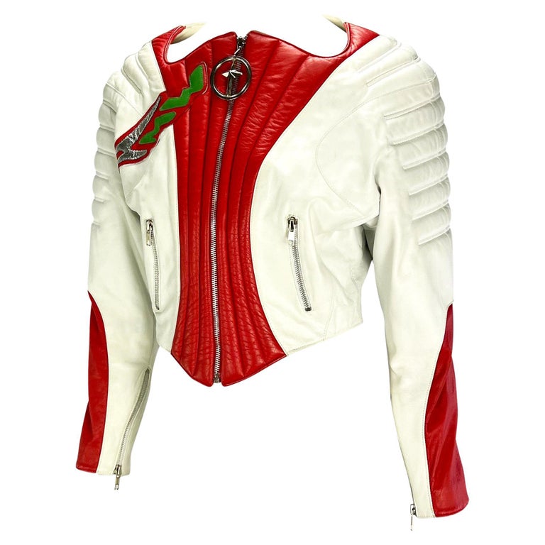 Beige S/S 1990 Thierry Mugler Padded White Red Leather Space Age Motorcycle Zip Jacket