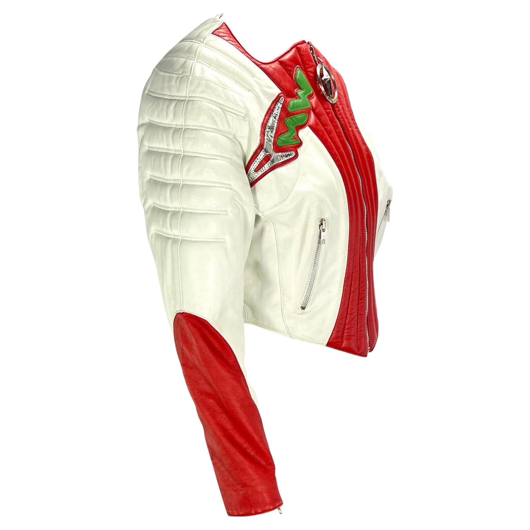 S/S 1990 Thierry Mugler Padded White Red Leather Space Age Motorcycle Zip Jacket 1