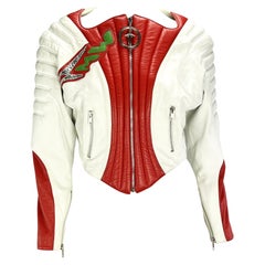 S/S 1990 Thierry Mugler Padded White Red Leather Space Age Motorcycle Zip Jacket