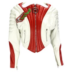 Vintage S/S 1990 Thierry Mugler Padded White Red Leather Space Age Motorcycle Zip Jacket