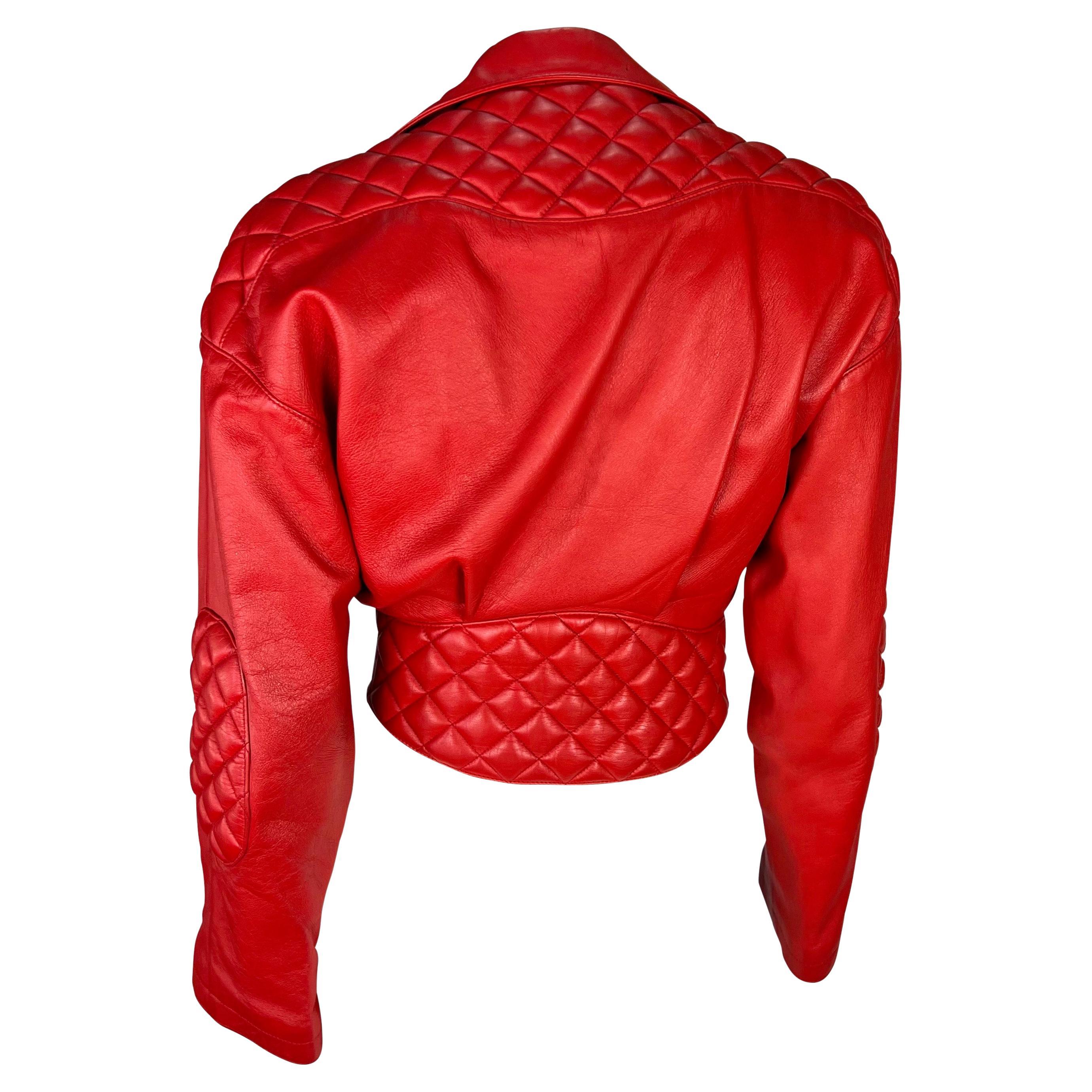 Women's S/S 1990 Thierry Mugler Runway Quilted Red Quilted Leather Cropped Bolero Jacket For Sale