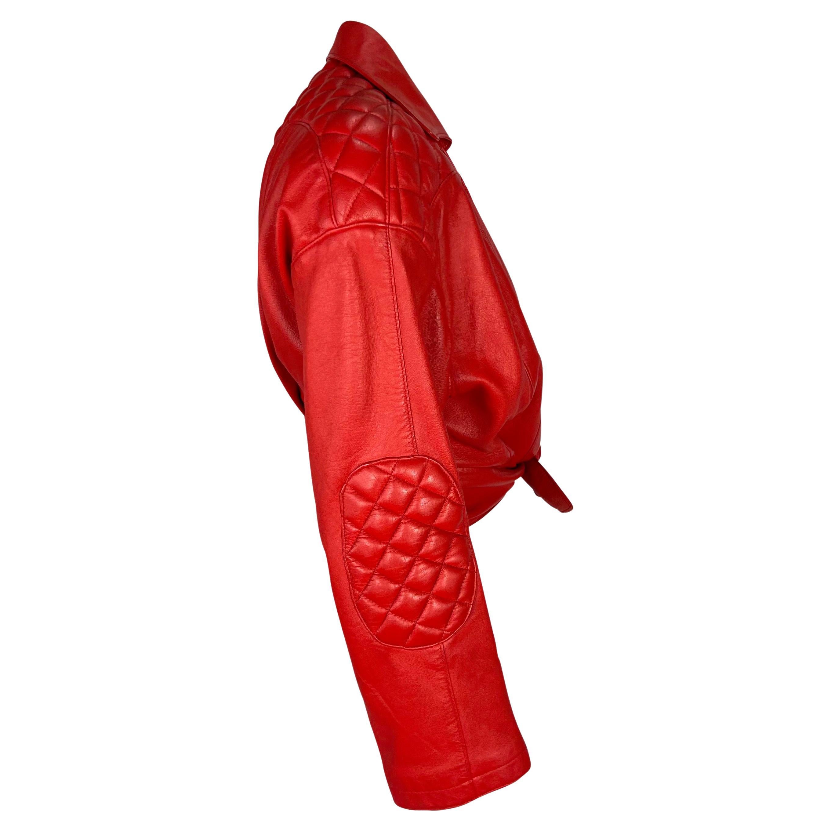 S/S 1990 Thierry Mugler Runway Quilted Red Quilted Leather Cropped Bolero Jacket For Sale 1