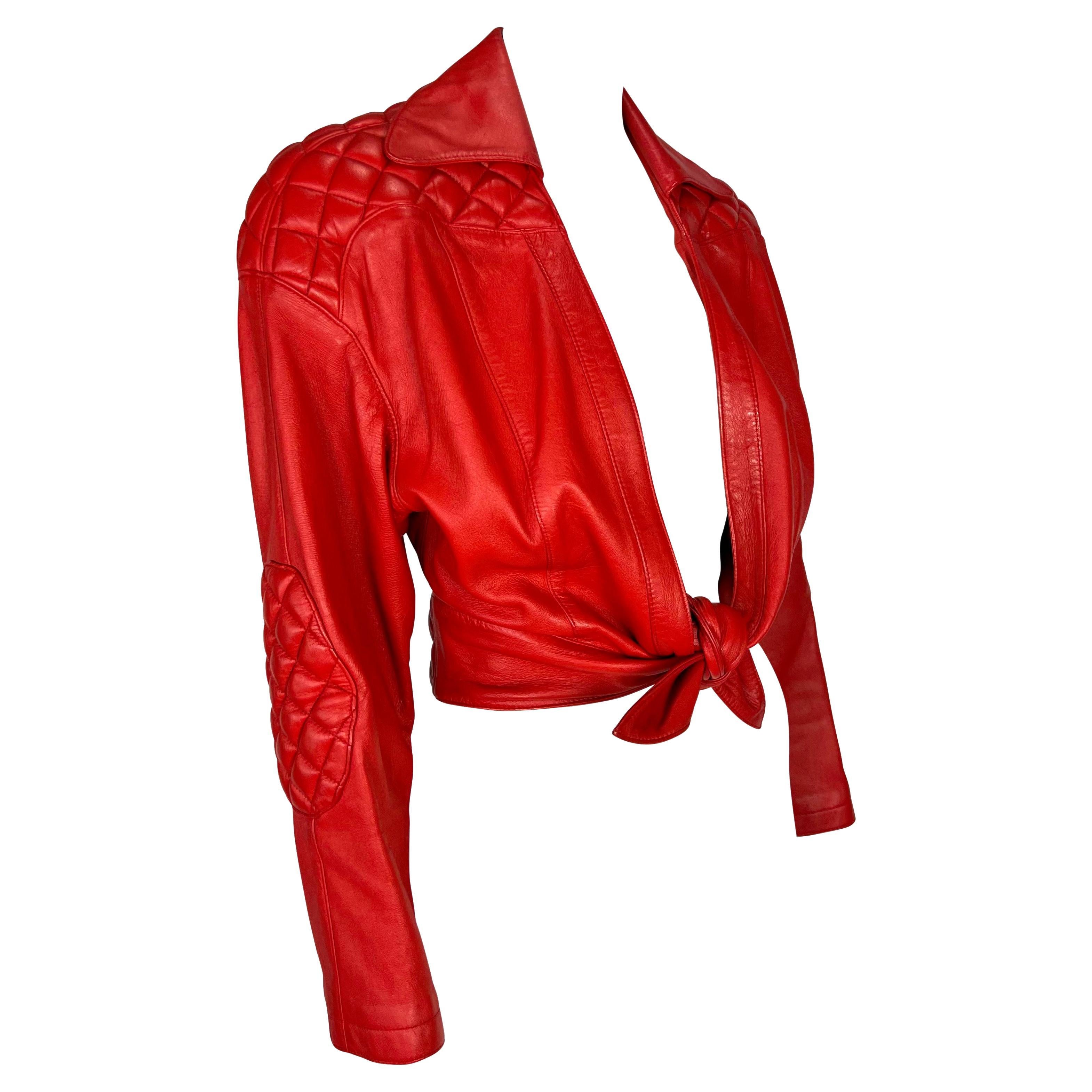 S/S 1990 Thierry Mugler Runway Quilted Red Quilted Leather Cropped Bolero Jacket For Sale 2