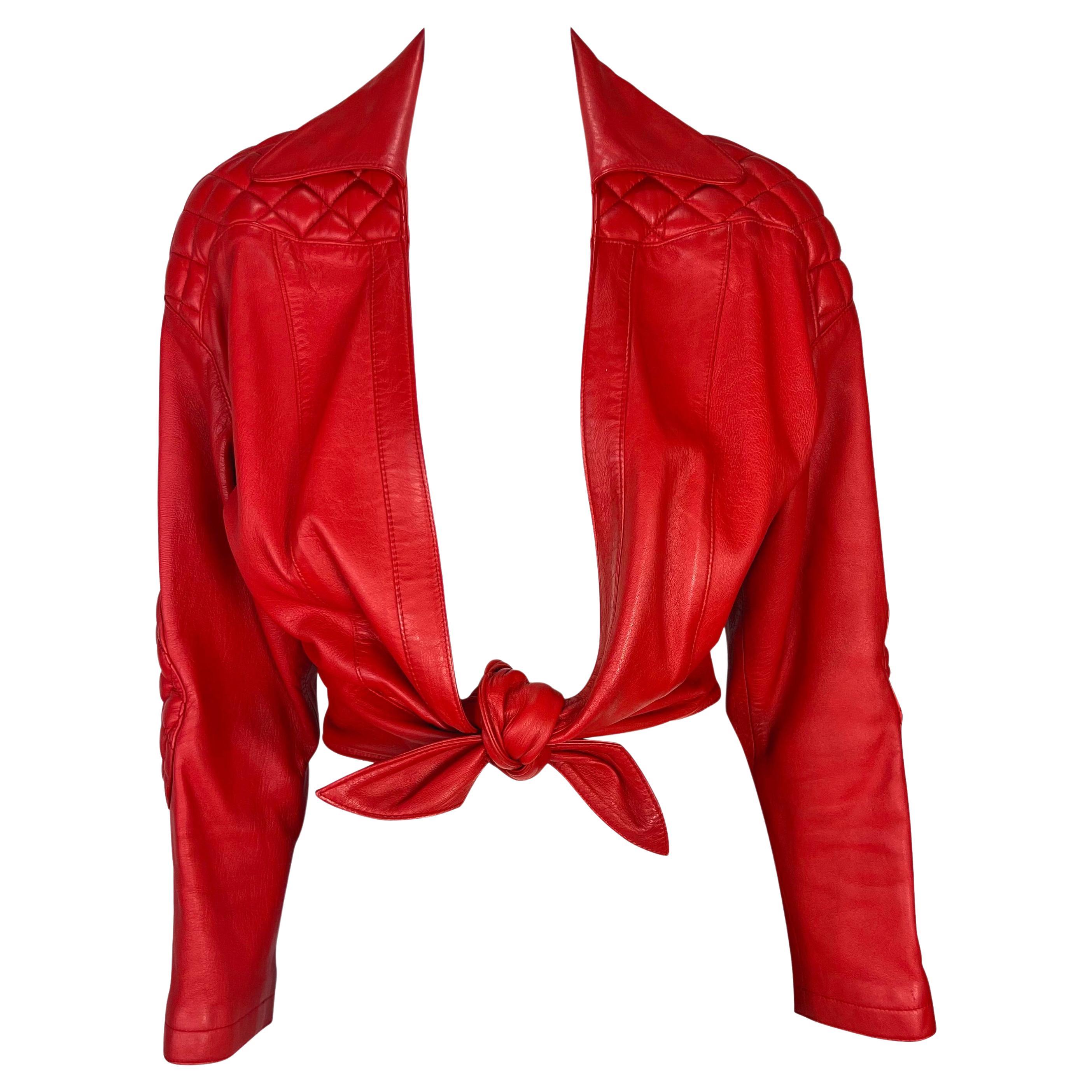S/S 1990 Thierry Mugler Runway Quilted Red Quilted Leather Cropped Bolero Jacket For Sale