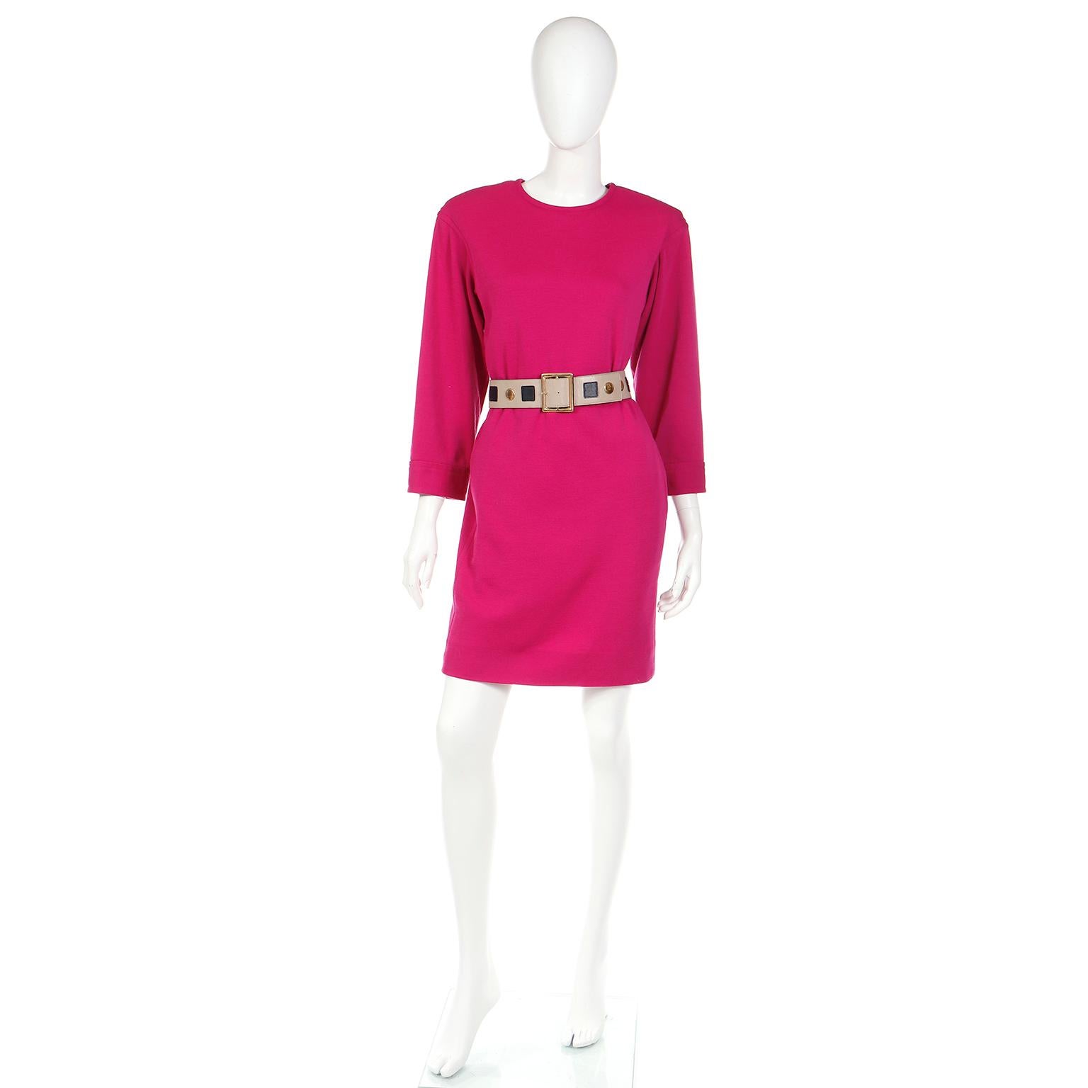 F/S 1990 Vintage Yves Saint Laurent Etuikleid aus Wolle in Magenta und Rosa (Pink) im Angebot