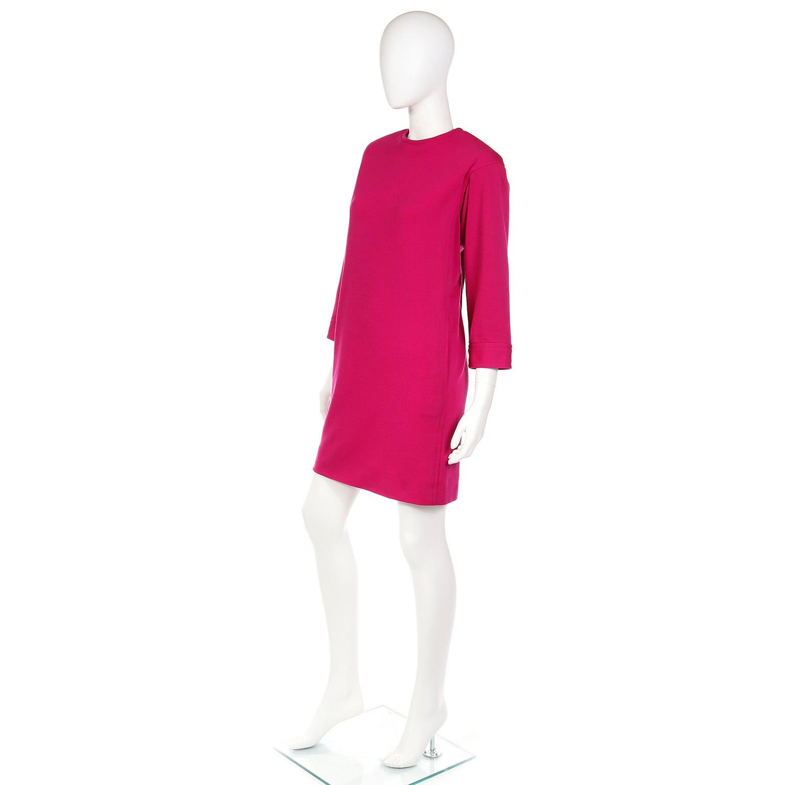 Women's S/S 1990 Vintage Yves Saint Laurent Magenta Pink Wool Shift Dress For Sale
