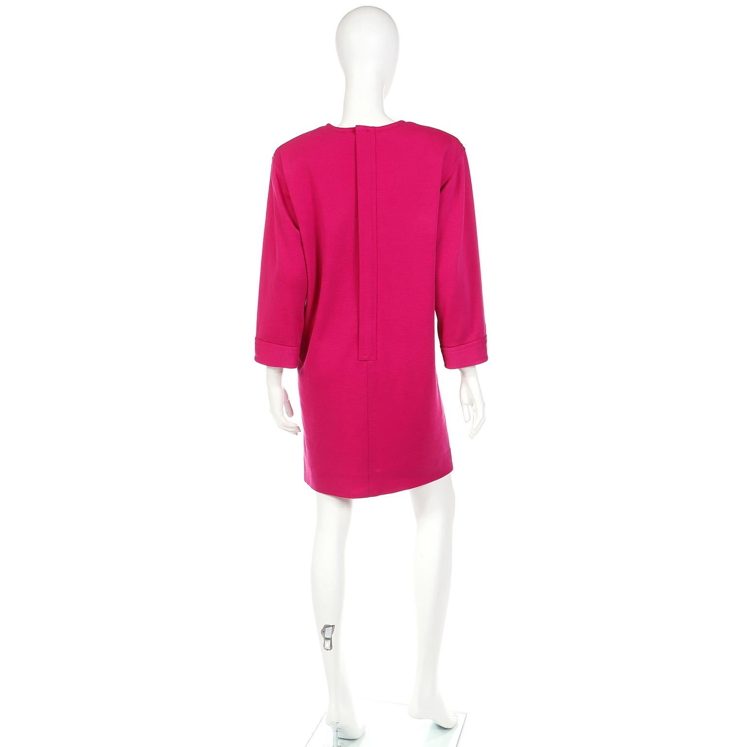 S/S 1990 Vintage Yves Saint Laurent Magenta Pink Wool Shift Dress For Sale 1