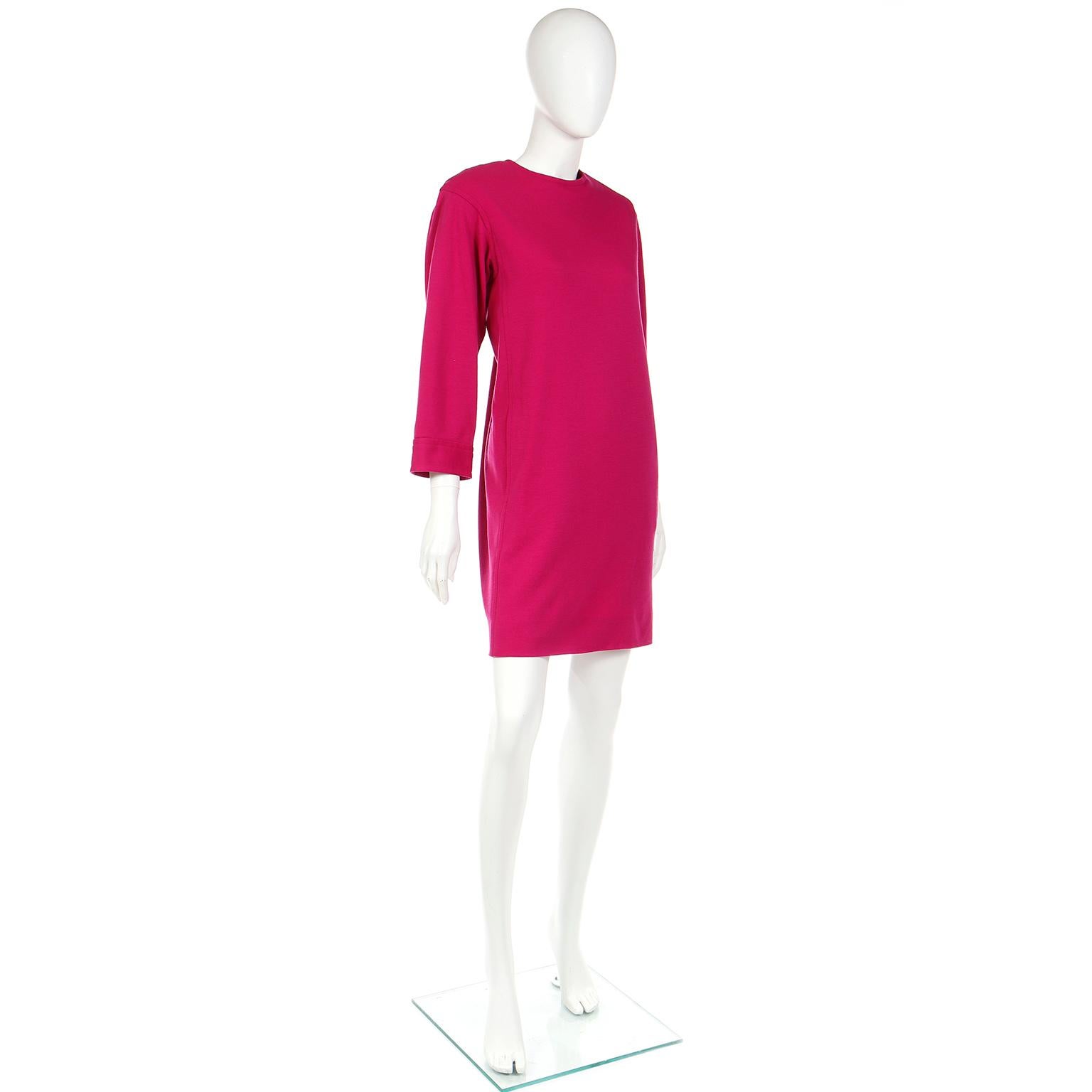 S/S 1990 Vintage Yves Saint Laurent Magenta Pink Wool Shift Dress For Sale 2