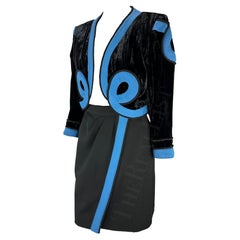 S/S 1990 Yves Saint Laurent Blue Black Velvet Cropped Bolero Jacket Skirt Set