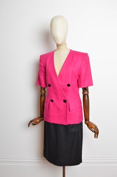 S/S 1990 Yves Saint Laurent Hot Pink Fuchsia Short Sleeved Jacket & Skirt Suit