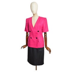 S/S 1990 Yves Saint Laurent Hot Pink Fuchsia Short Sleeved Jacket Skirt & Suit