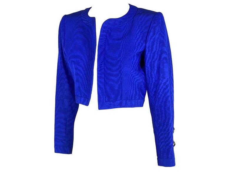 Women's S/S 1990 Yves Saint Laurent Rive Gauche Blue Glass Button Crop Jacket Runway For Sale
