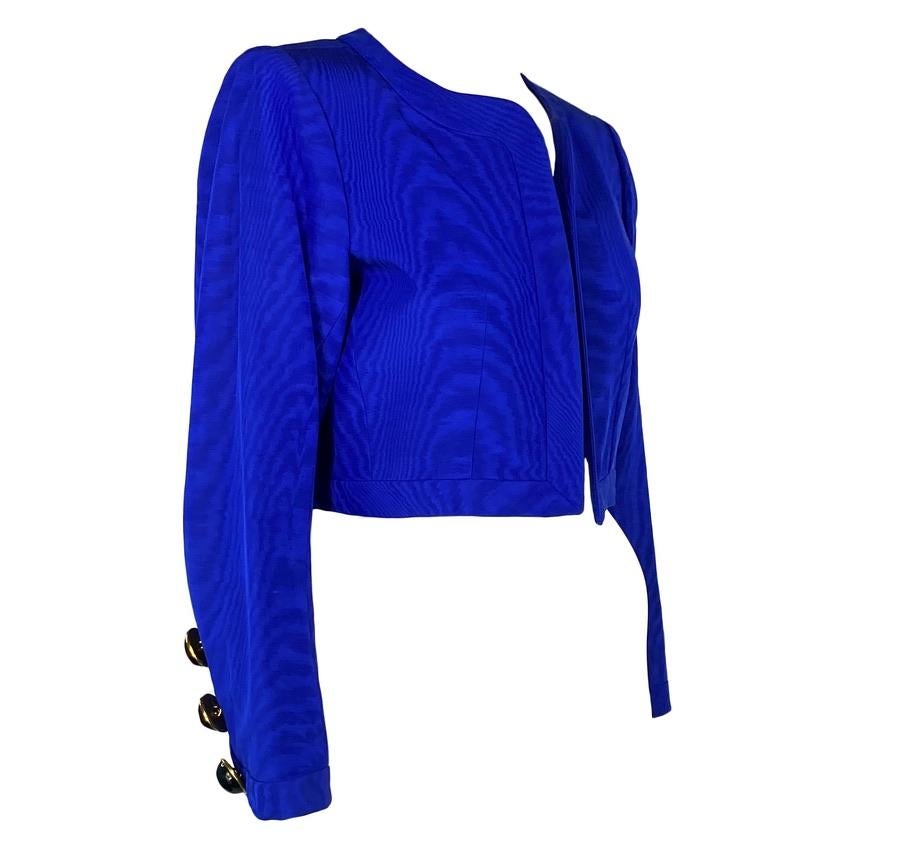 S/S 1990 Yves Saint Laurent Rive Gauche Blue Glass Button Crop Jacket Runway In Good Condition In West Hollywood, CA