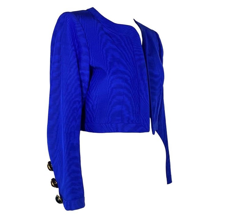 S/S 1990 Yves Saint Laurent Rive Gauche Blue Glass Button Crop Jacket Runway For Sale 1