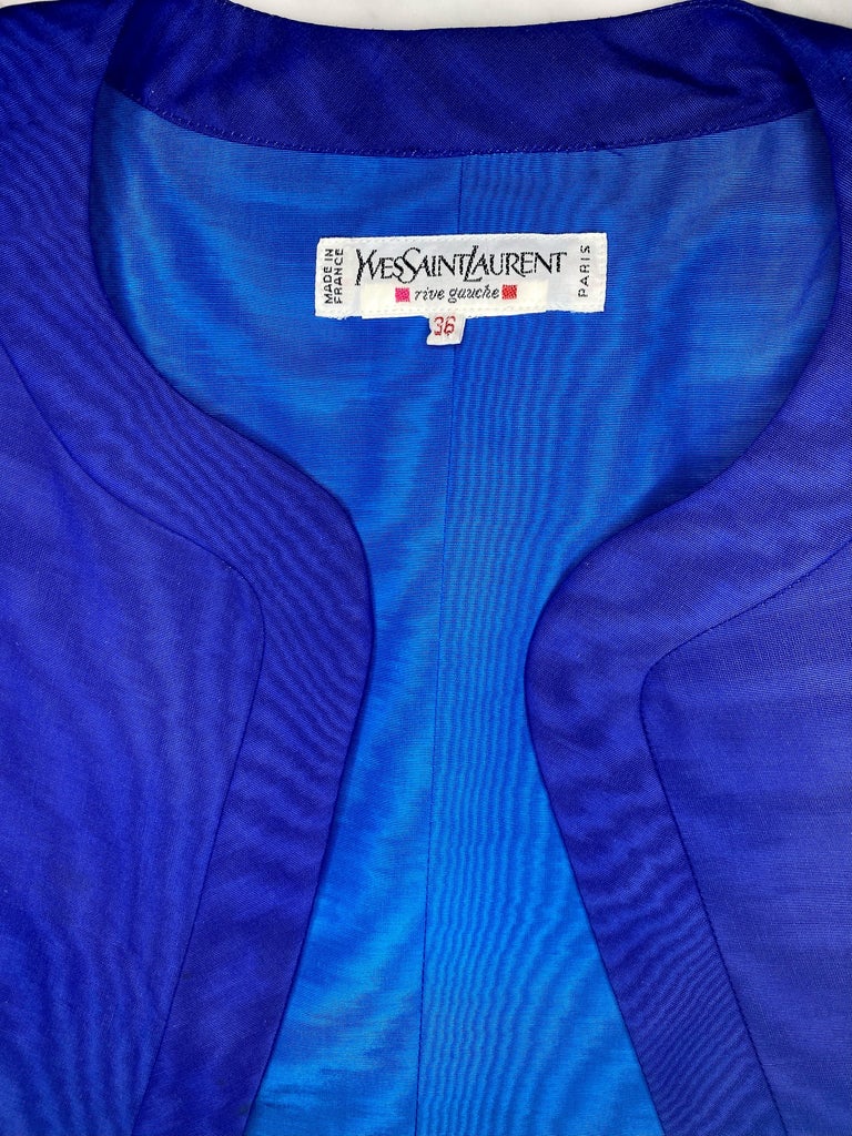 S/S 1990 Yves Saint Laurent Rive Gauche Blue Glass Button Crop Jacket Runway For Sale 2