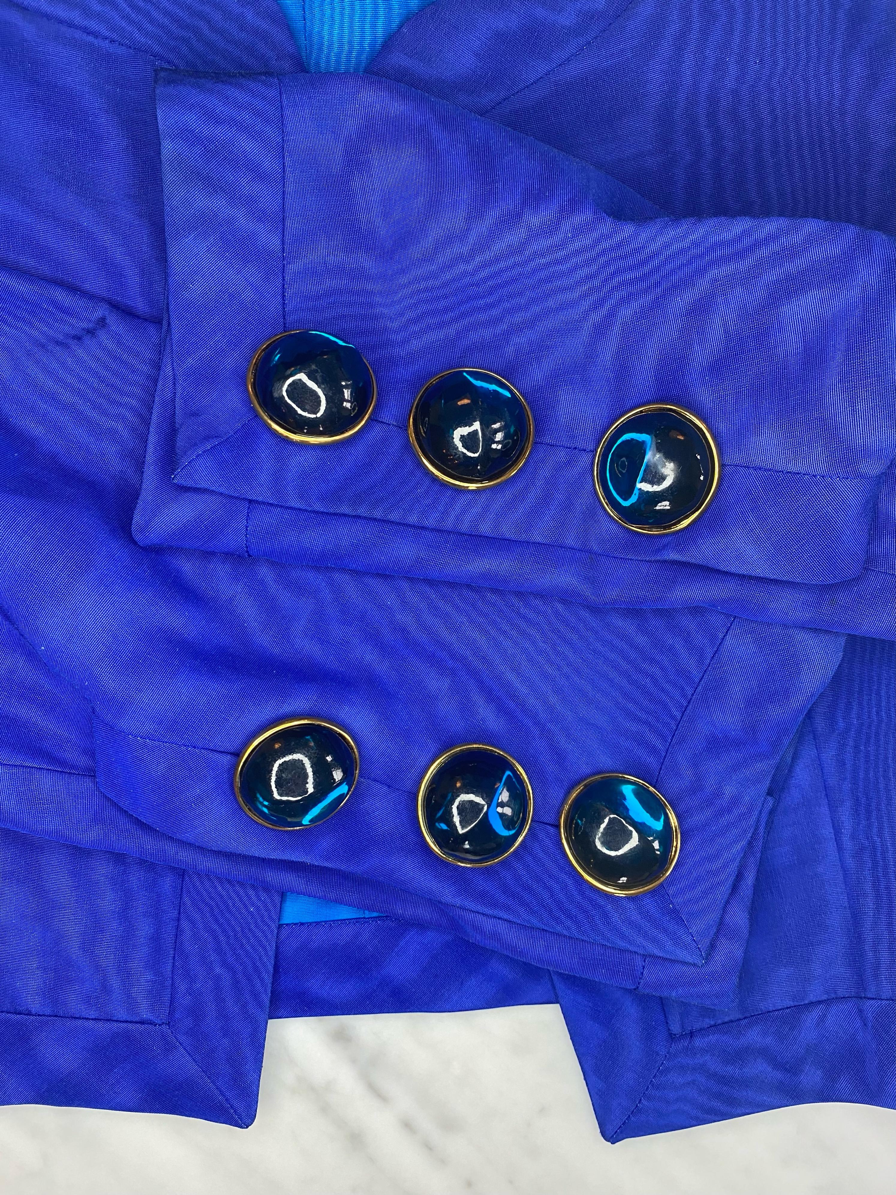 S/S 1990 Yves Saint Laurent Rive Gauche Blue Glass Button Crop Jacket Runway 1