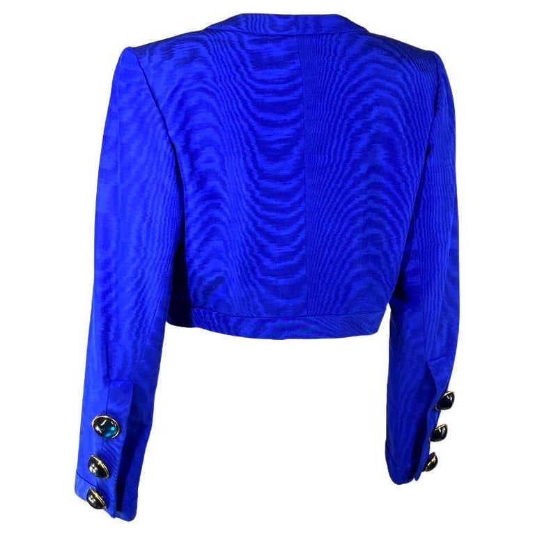 S/S 1990 Yves Saint Laurent Rive Gauche Blue Glass Button Crop Jacket Runway For Sale