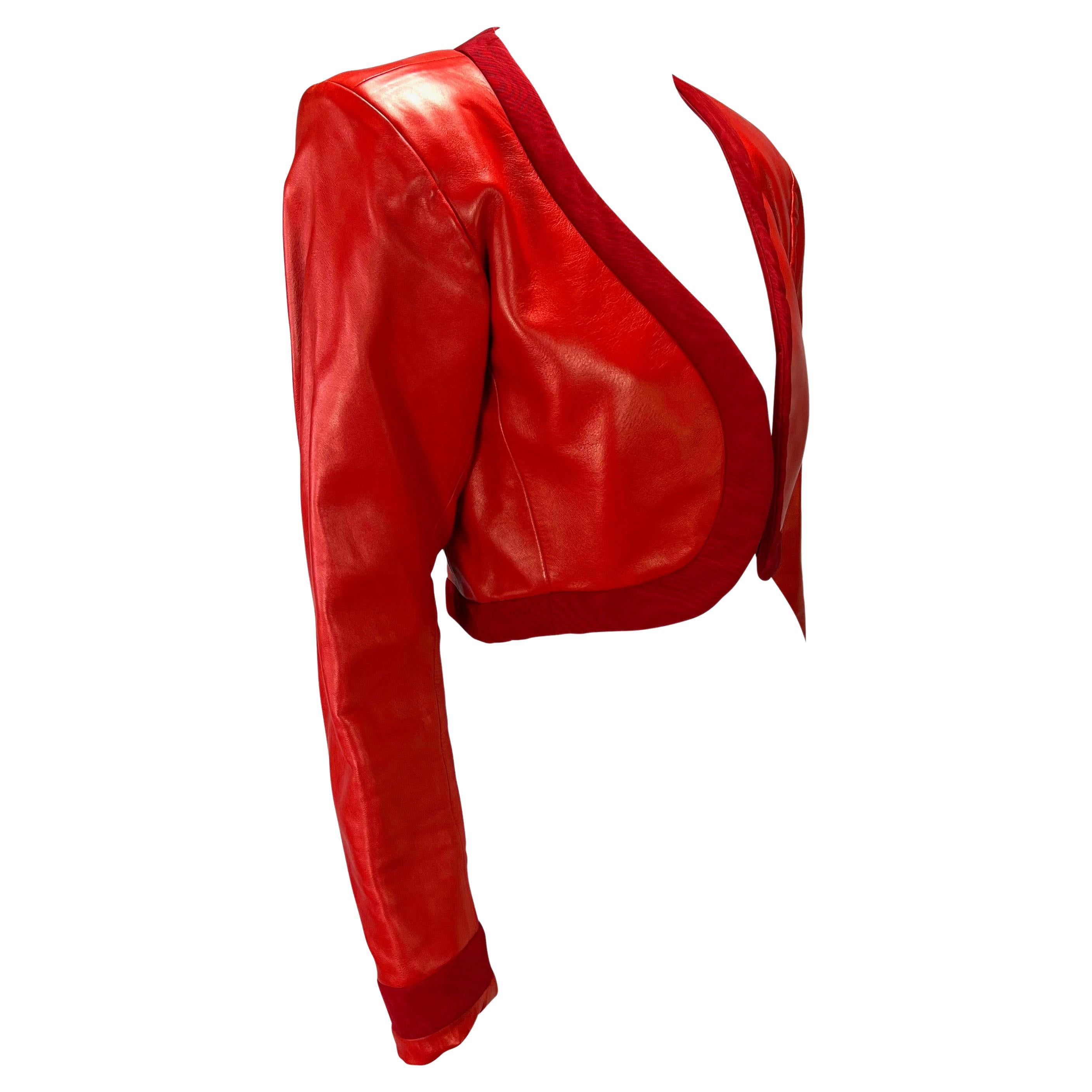 S/S 1990 Yves Saint Laurent Rive Gauche Red Leather Cropped Bolero Jacket In Good Condition For Sale In West Hollywood, CA