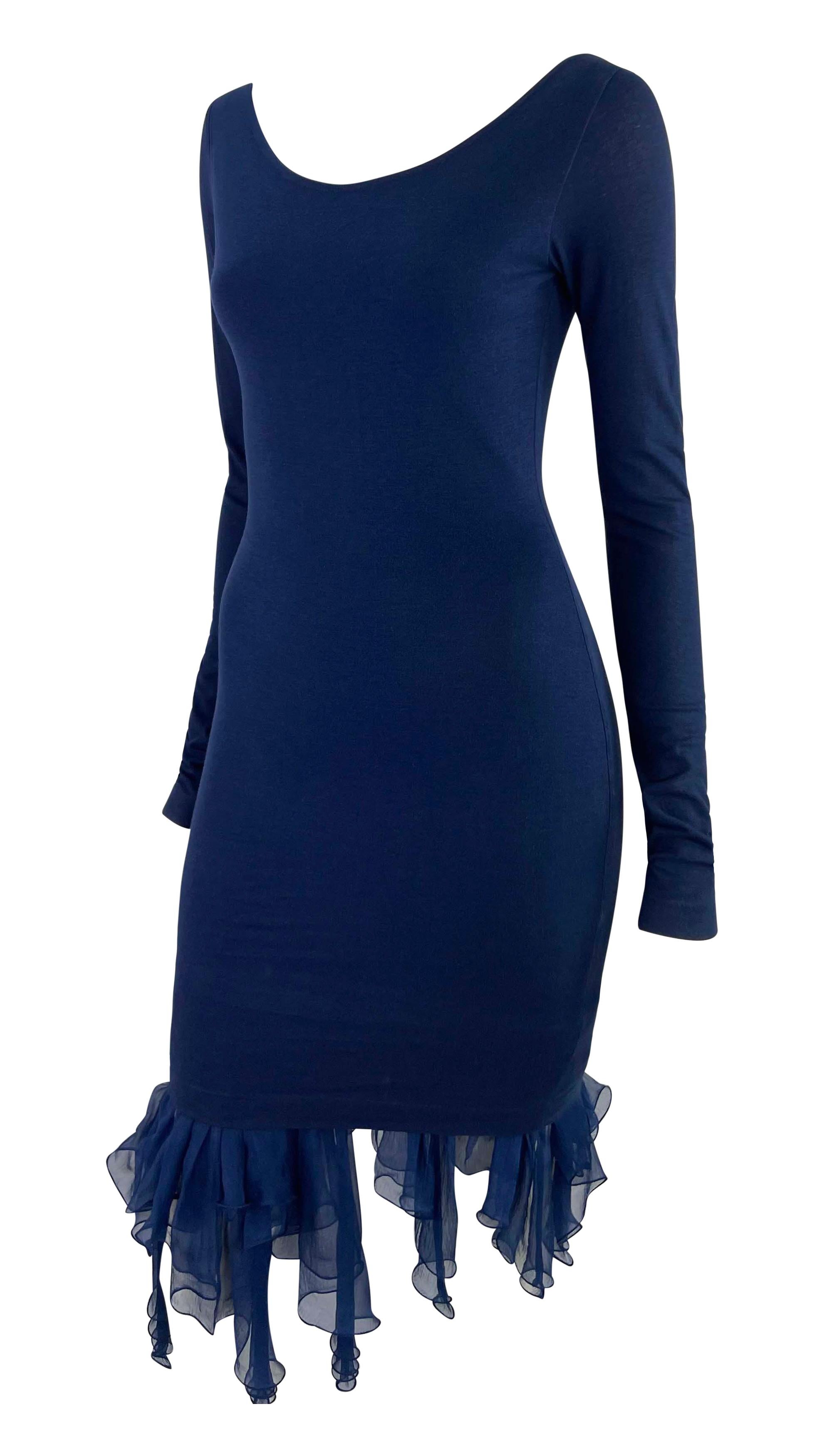 F/S 1991 Dolce & Gabbana Blaues Bodycon-Kleid mit Rüschen und Chiffonsaum aus Chiffon (Schwarz) im Angebot