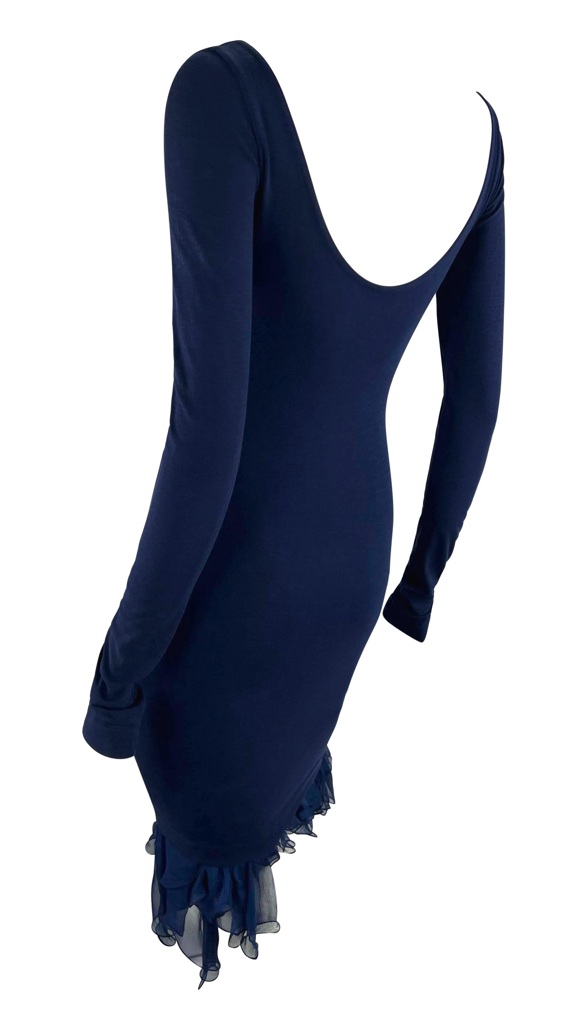 F/S 1991 Dolce & Gabbana Blaues Bodycon-Kleid mit Rüschen und Chiffonsaum aus Chiffon im Zustand „Gut“ im Angebot in West Hollywood, CA