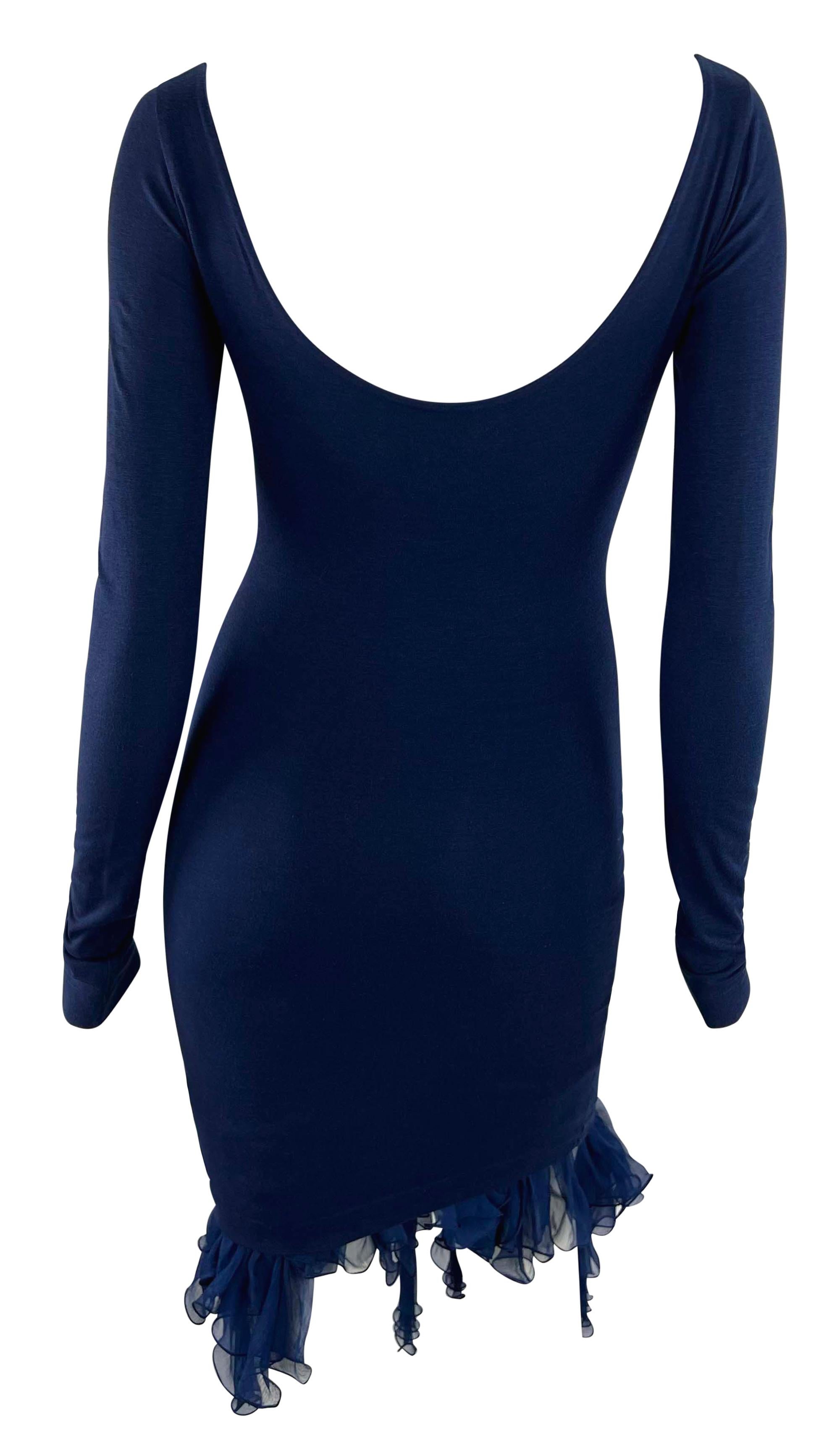 F/S 1991 Dolce & Gabbana Blaues Bodycon-Kleid mit Rüschen und Chiffonsaum aus Chiffon Damen im Angebot