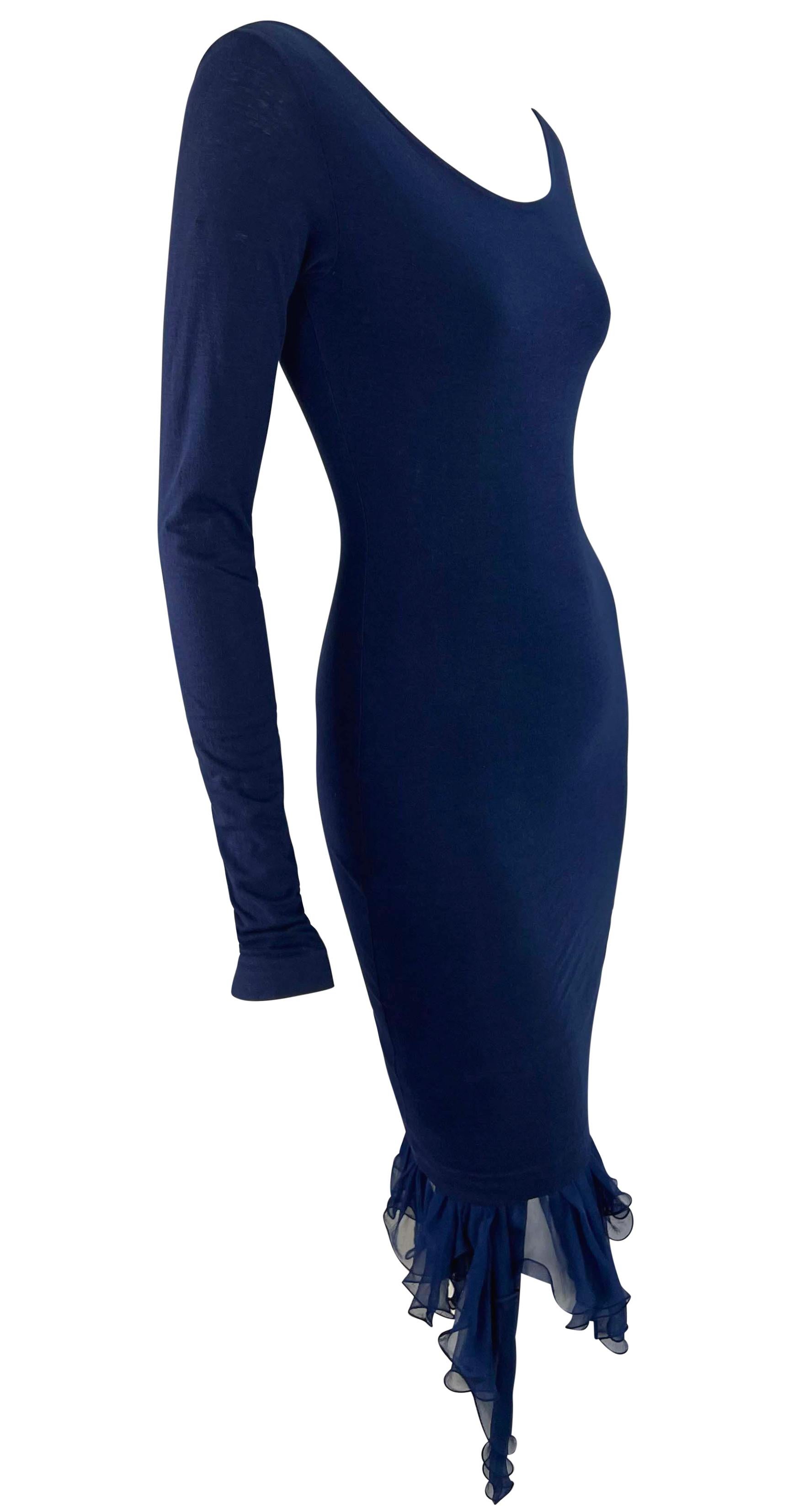 F/S 1991 Dolce & Gabbana Blaues Bodycon-Kleid mit Rüschen und Chiffonsaum aus Chiffon im Angebot 1