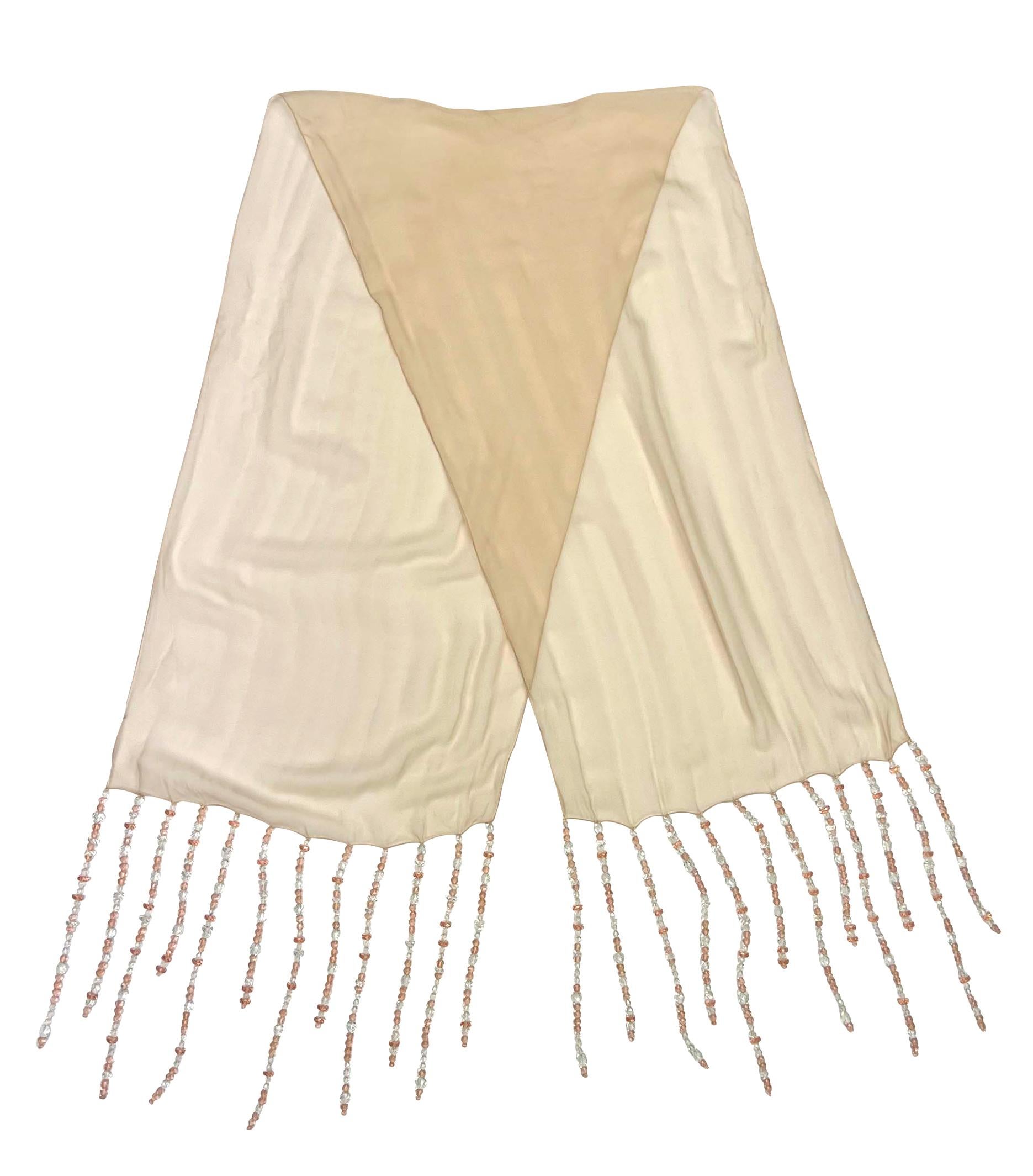 Brown S/S 1991 Dolce & Gabbana Crystal Beaded Fringe Pale Pink Sheer Chiffon Scarf For Sale