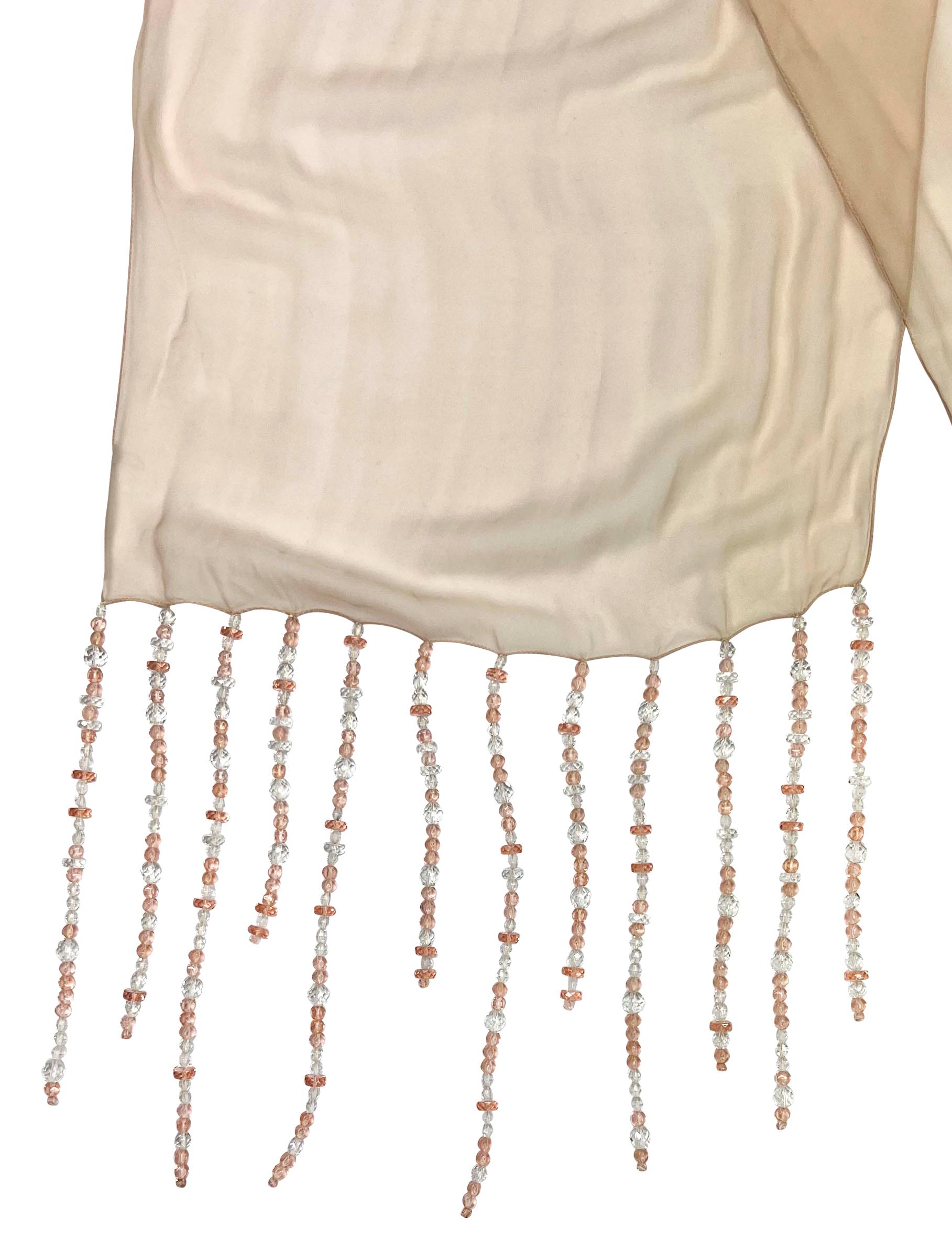 S/S 1991 Dolce & Gabbana Crystal Beaded Fringe Pale Pink Sheer Chiffon Scarf In Excellent Condition For Sale In West Hollywood, CA