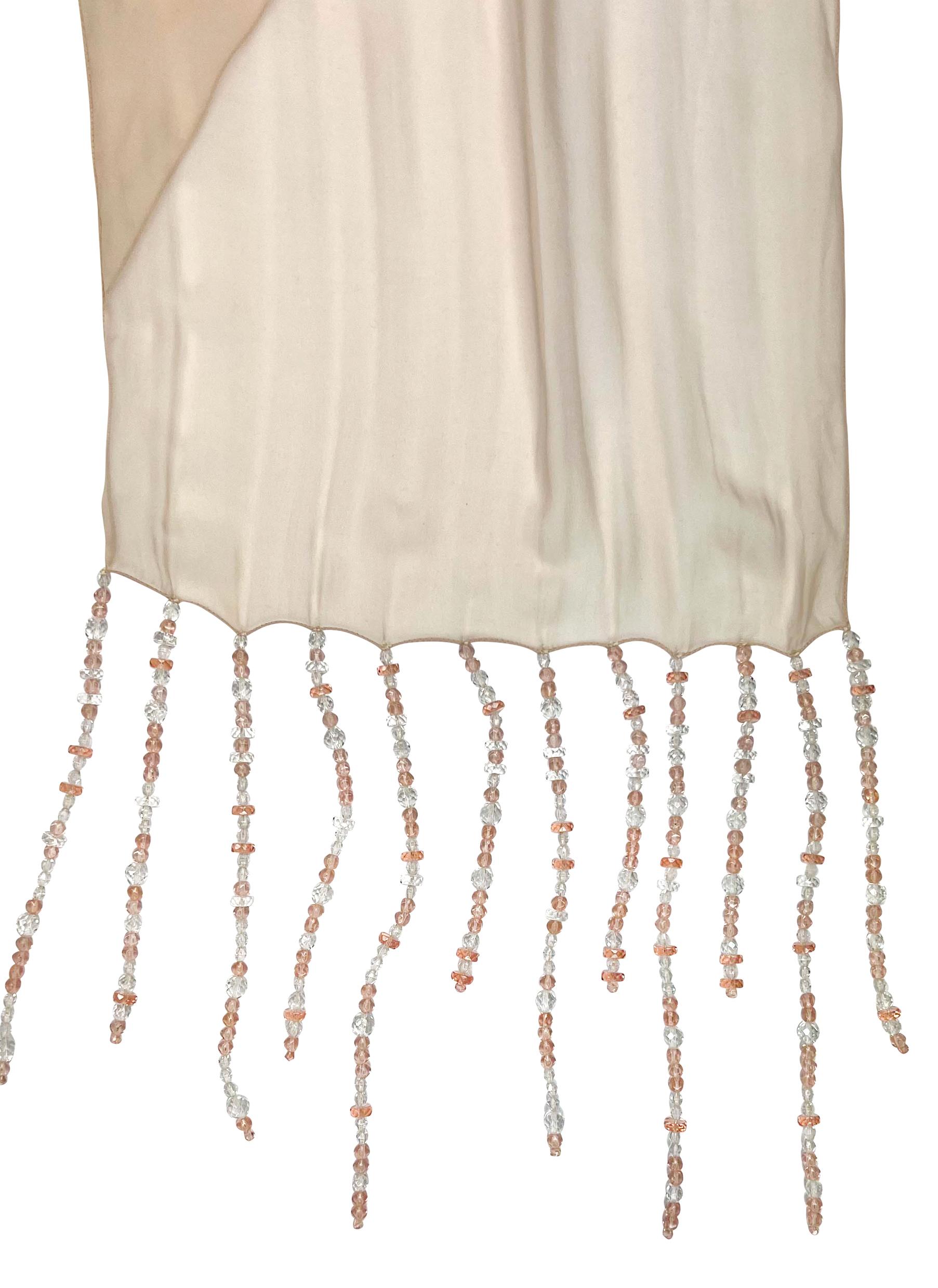Women's S/S 1991 Dolce & Gabbana Crystal Beaded Fringe Pale Pink Sheer Chiffon Scarf For Sale