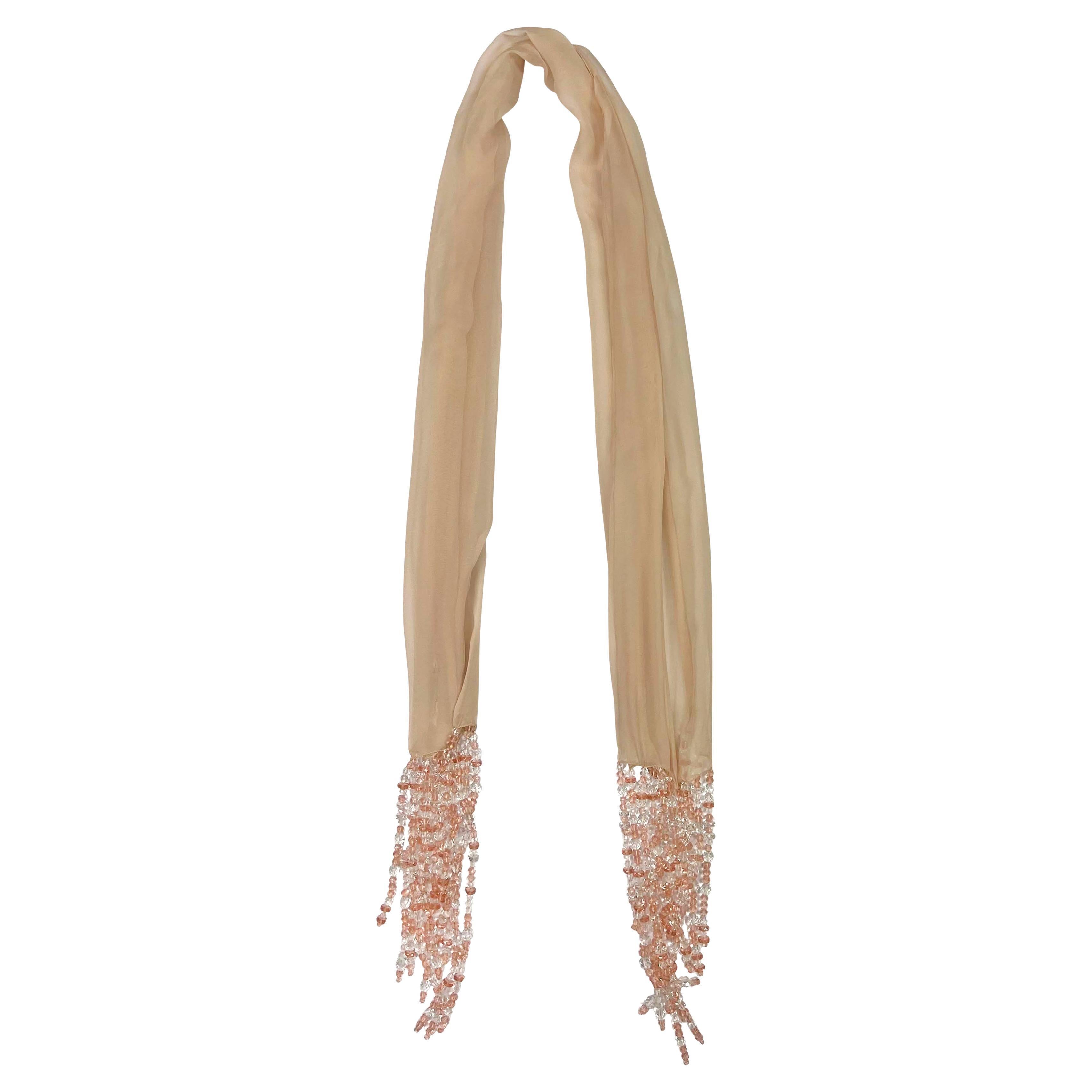 S/S 1991 Dolce & Gabbana Crystal Beaded Fringe Pale Pink Sheer Chiffon Scarf For Sale
