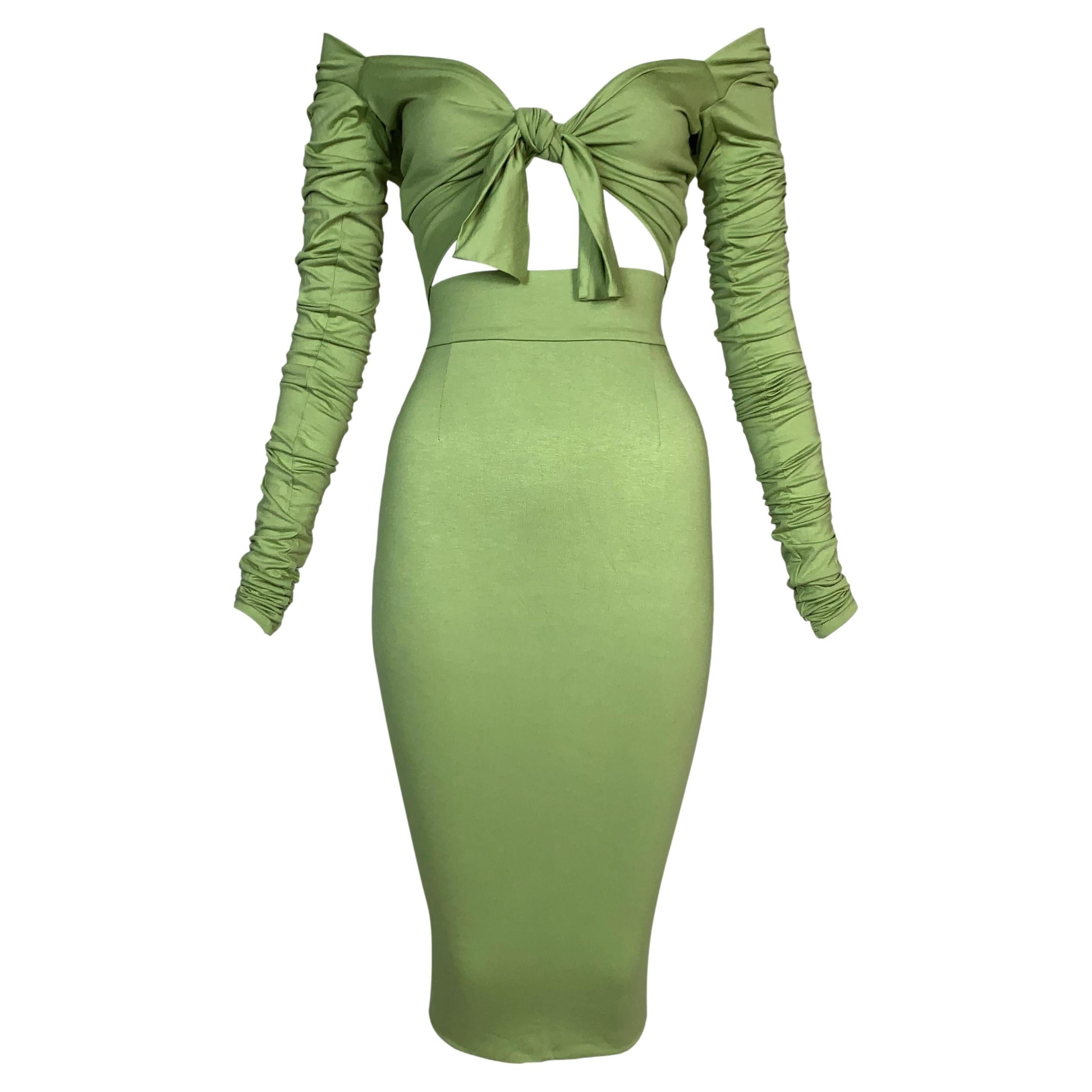 S/S 1991 Dolce & Gabbana Runway Green Off Shoulder Crop Top & High Waist Skirt