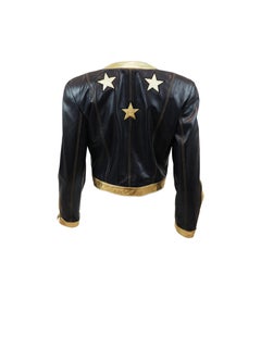 S/S 1991 Escada Black Leather Moto Jacket With Gold Trim & Stars