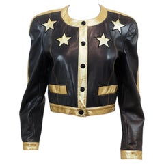 S/S 1991 Escada Black Leather Moto Jacket With Gold Trim & Stars