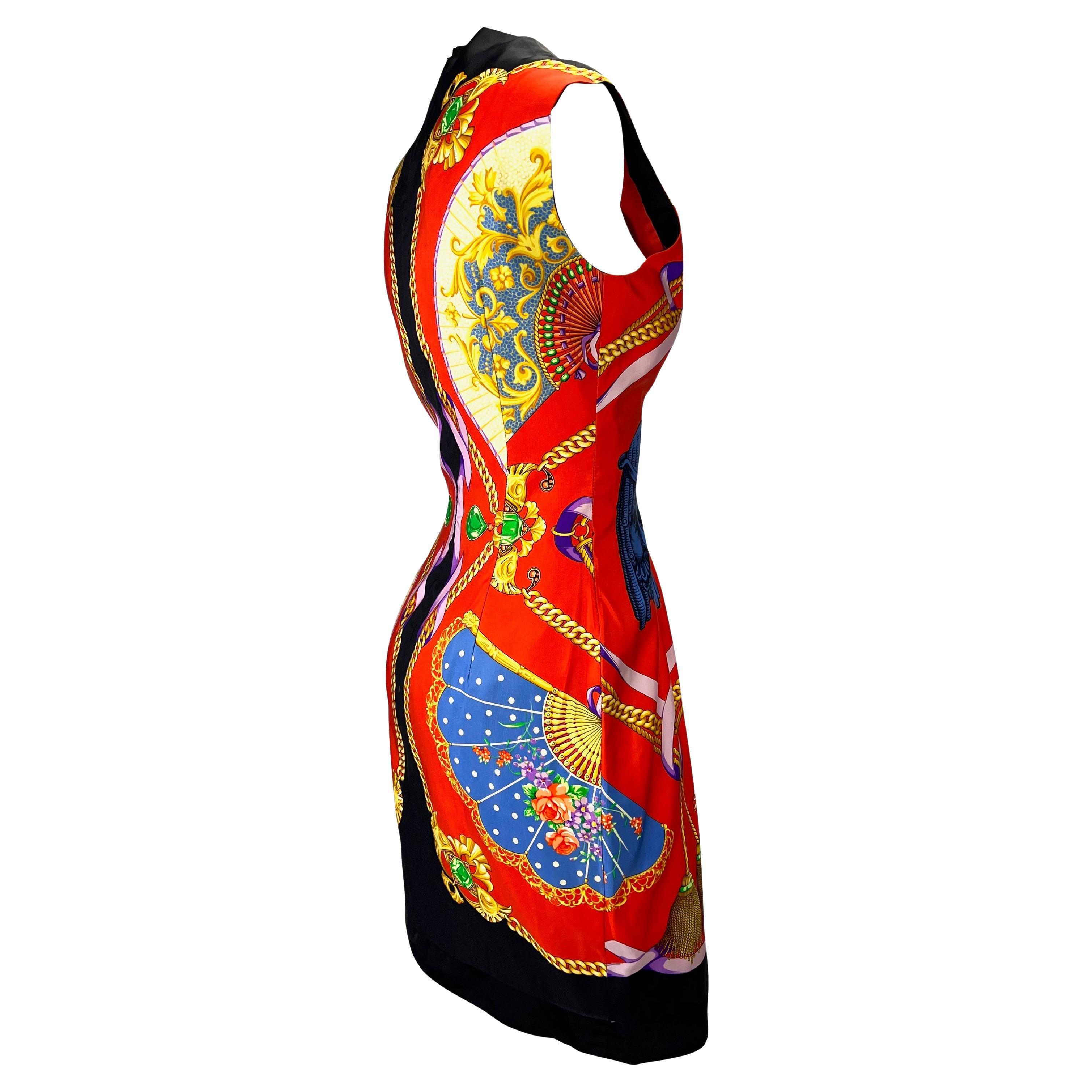 Women's S/S 1991 Gianni Versace Couture Fan Atelier Print Red Silk Sleeveless Dress