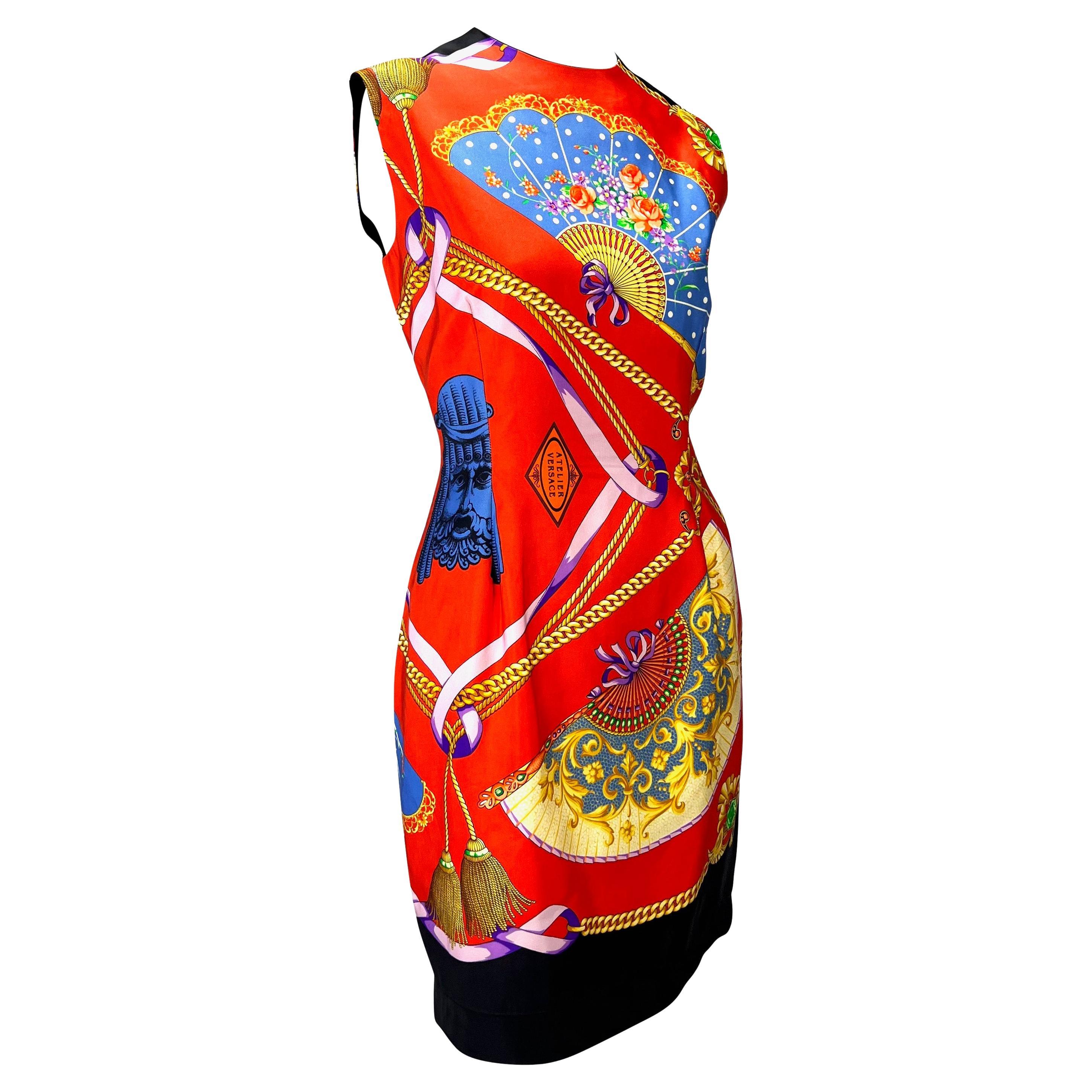 S/S 1991 Gianni Versace Couture Fan Atelier Print Red Silk Sleeveless Dress For Sale 2