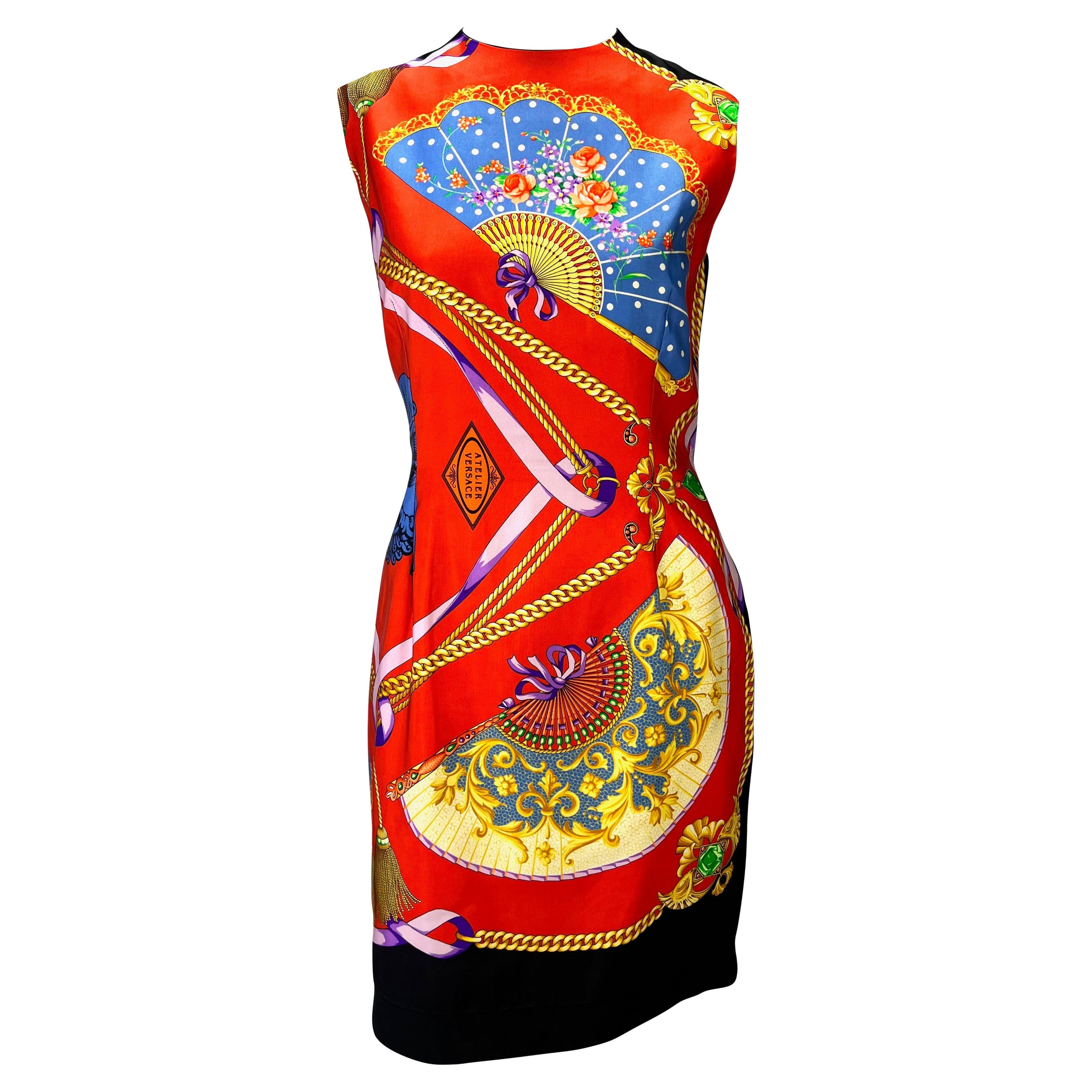 Traditionel Raffinaderi rester S/S 1991 Gianni Versace Couture Fan Atelier Print Red Silk Sleeveless Dress  For Sale at 1stDibs