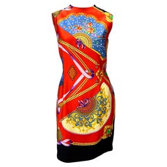 S/S 1991 Gianni Versace Couture Fan Atelier Print Red Silk Sleeveless Dress