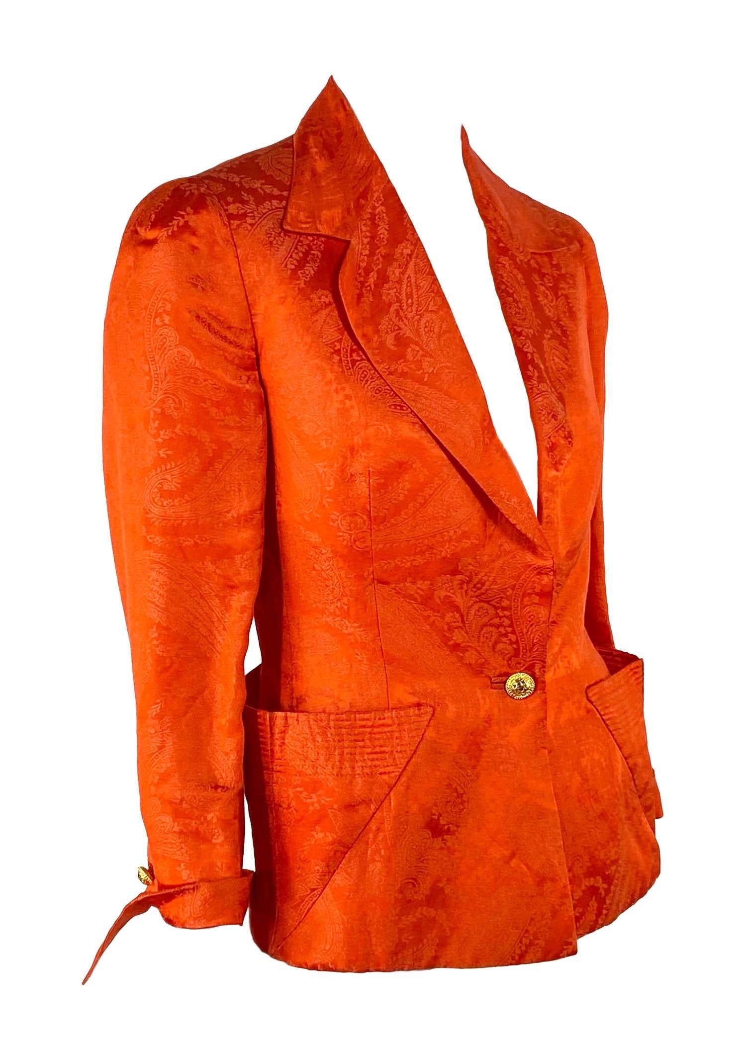 S/S 1991 Gianni Versace Couture Runway Orange Silk Paisley Print Blazer In Good Condition In West Hollywood, CA