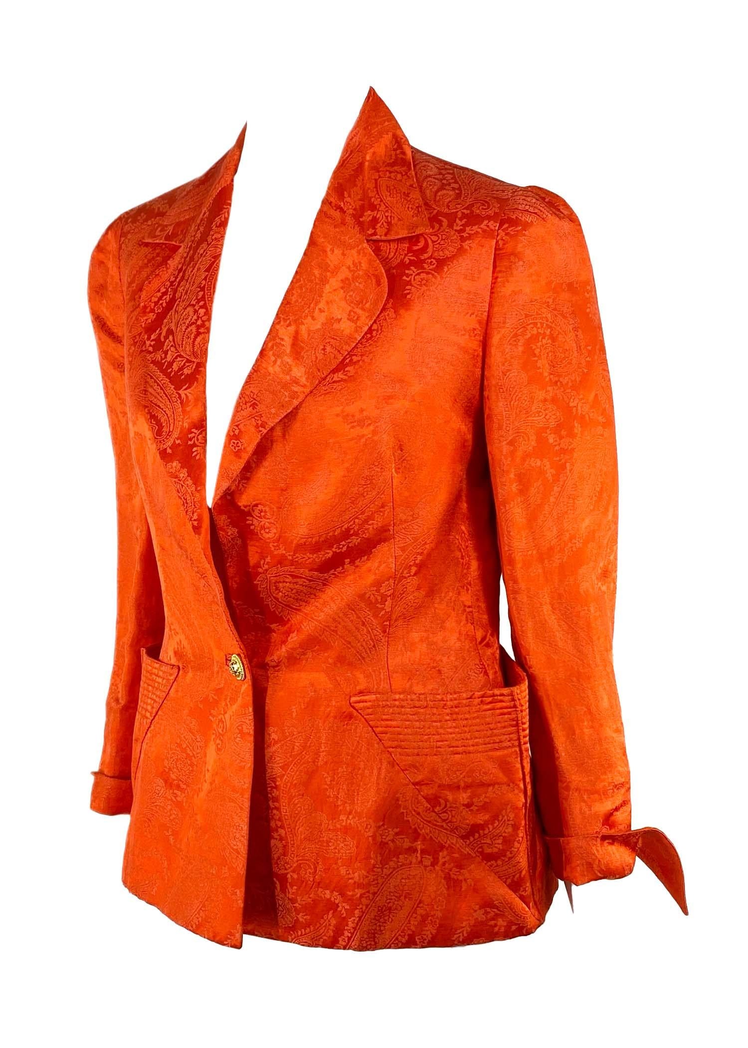 Women's S/S 1991 Gianni Versace Couture Runway Orange Silk Paisley Print Blazer