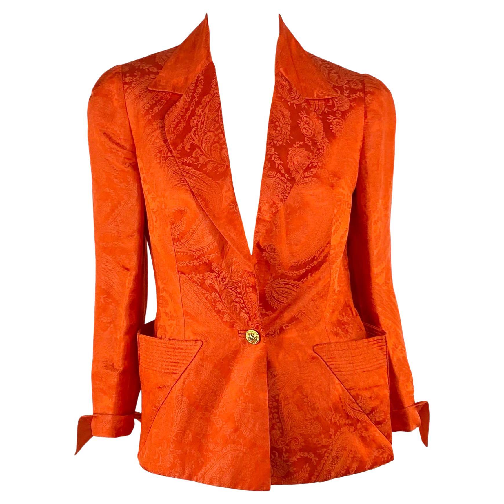 S/S 1991 Gianni Versace Couture Runway Orange Silk Paisley Print Blazer