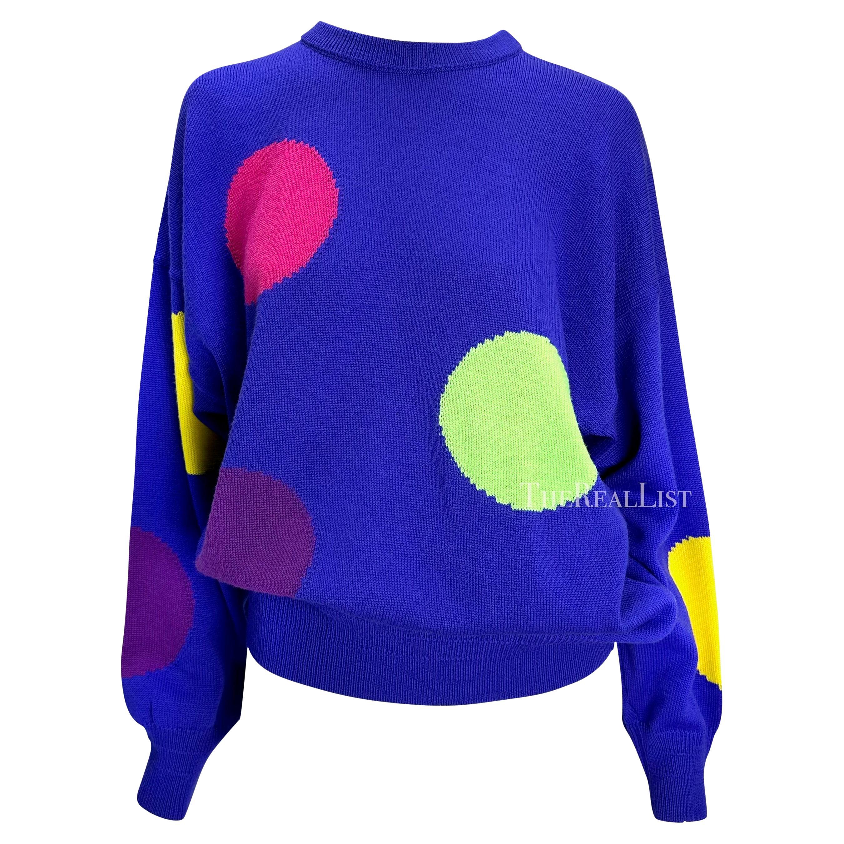 S/S 1991 Gianni Versace Men's Runway Blue Wool Multicolor Polka Dot Sweater