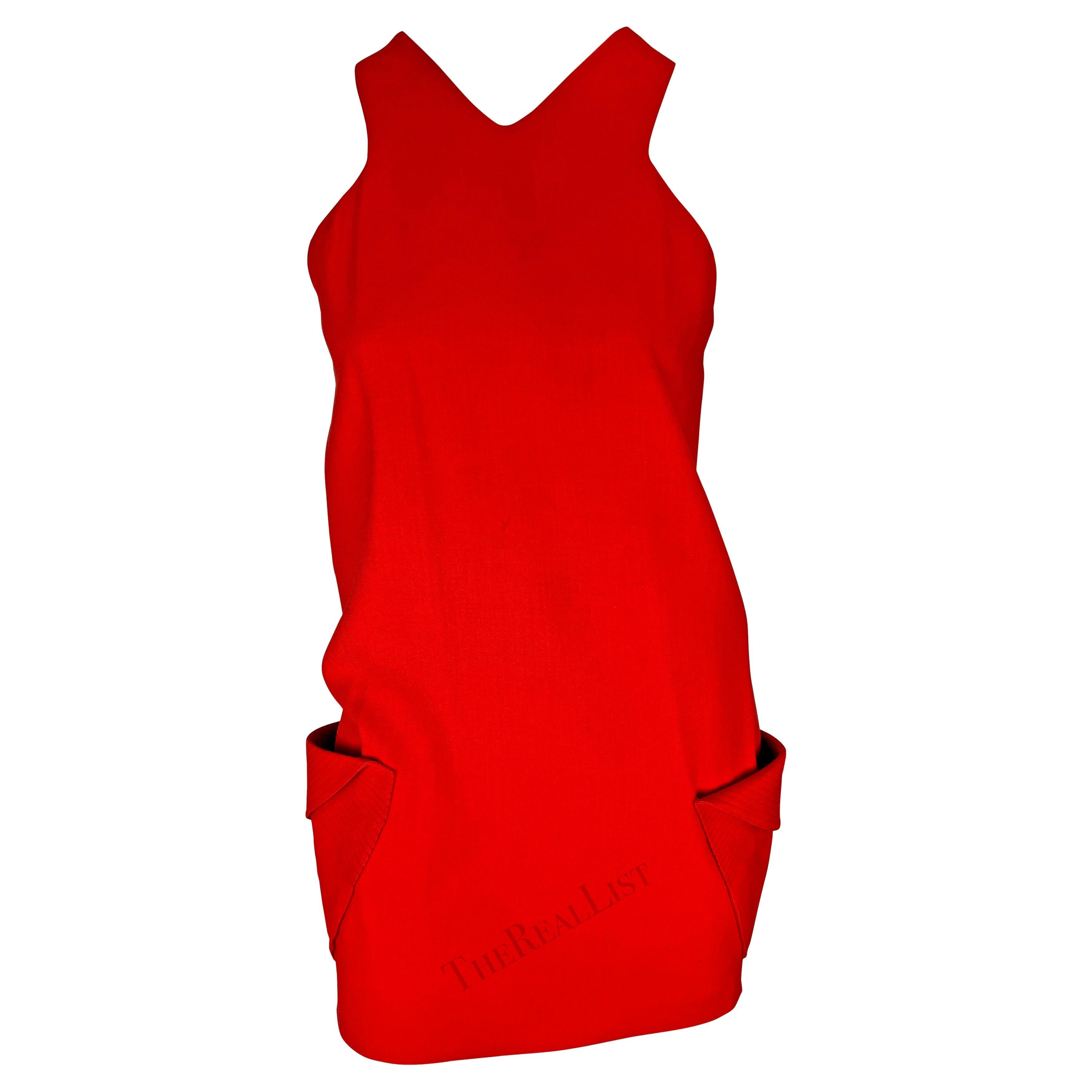 S/S 1991 Gianni Versace Runway Ad Red Sleeveless Pocket Mini Shift Dress For Sale