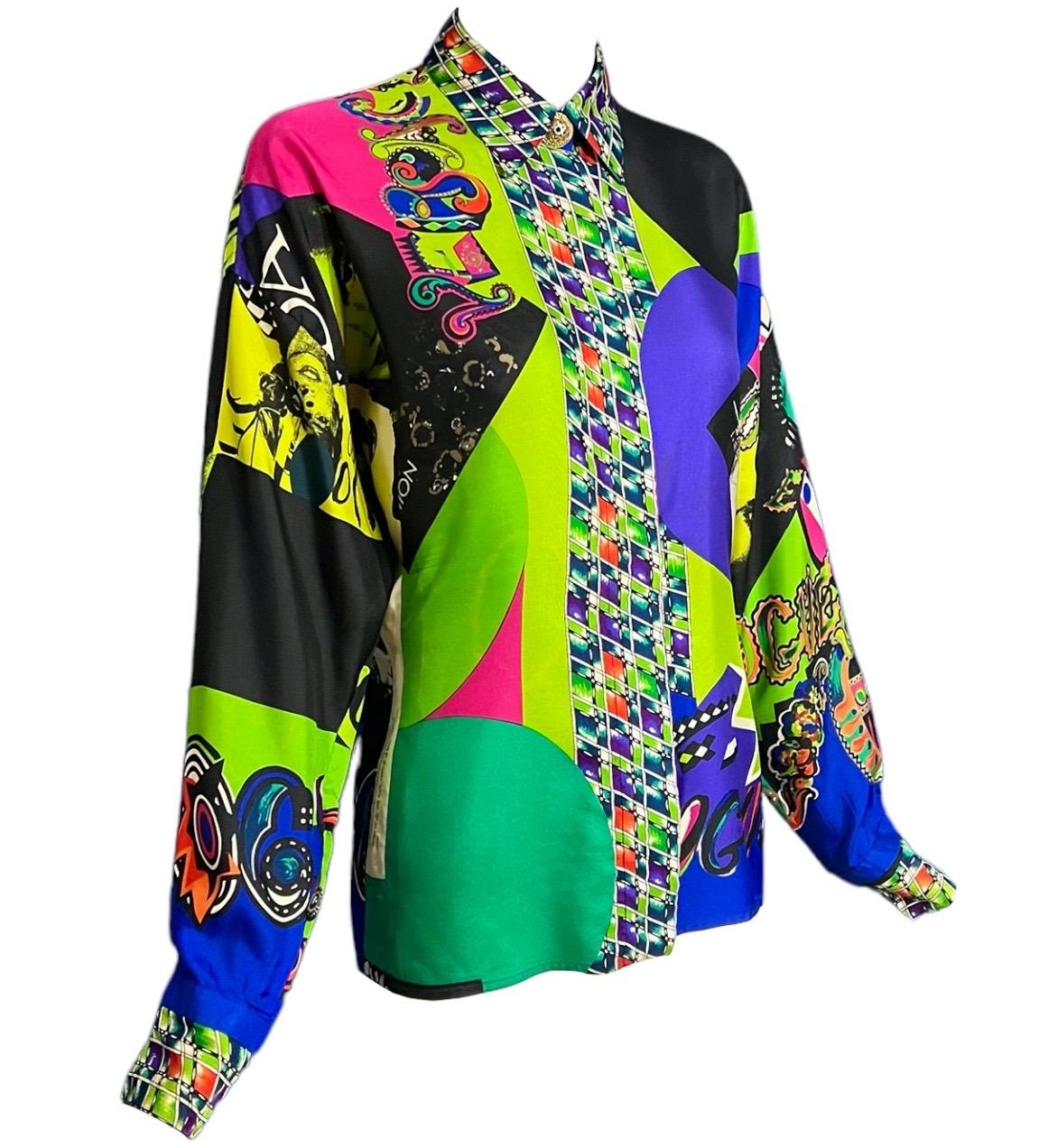 Black S/S 1991 Gianni Versace Vogue Pop Art Printed Silk Shirt For Sale