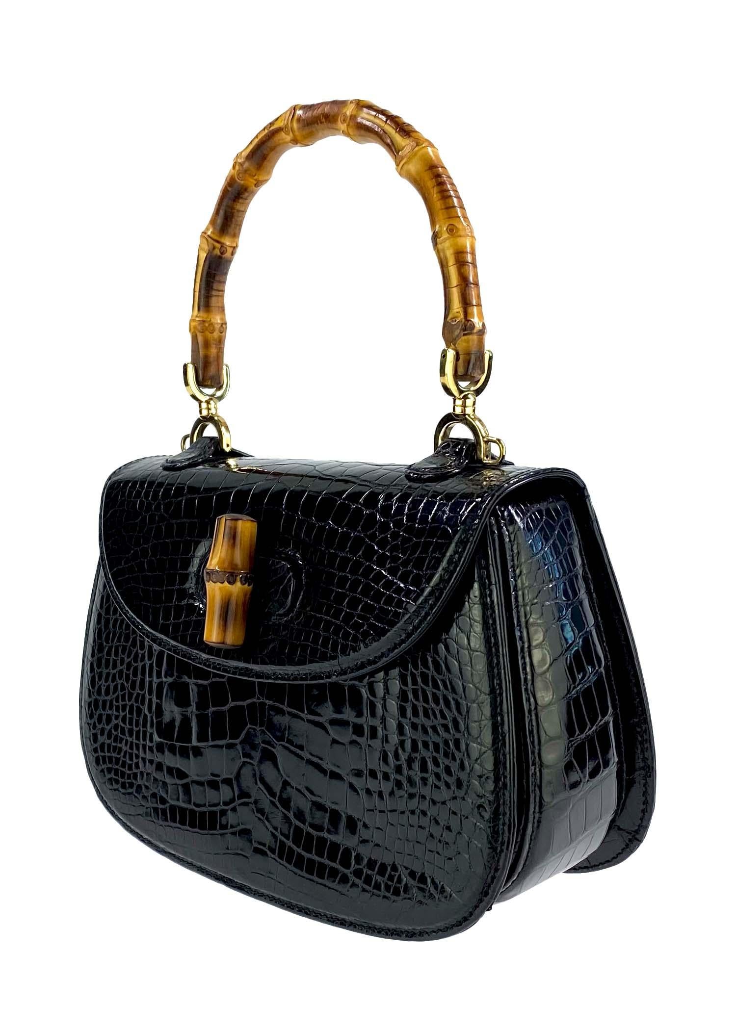 S/S 1991 Gucci Small Mini Crossbody Black Alligator Bamboo Top Handle Bag In Excellent Condition In West Hollywood, CA